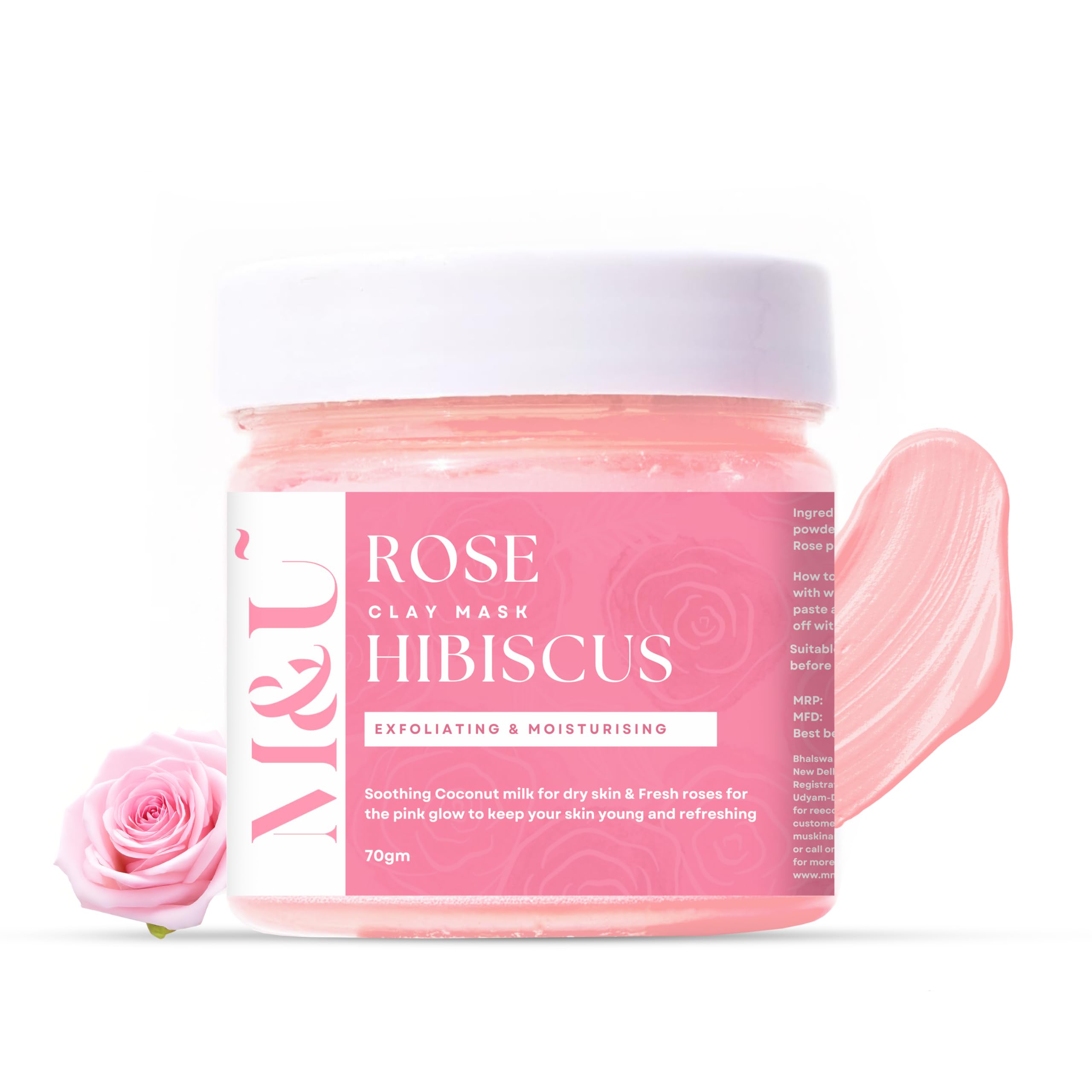 Rose & Hibiscus Pink Glow Clay Mask with French Pink Clay & Coconut Milk - Exfoliating & Anti-Aging Deep Pore Cleanser for Men & Women - Perfect for Spa Nights & Skincare Routines (1 Count)
