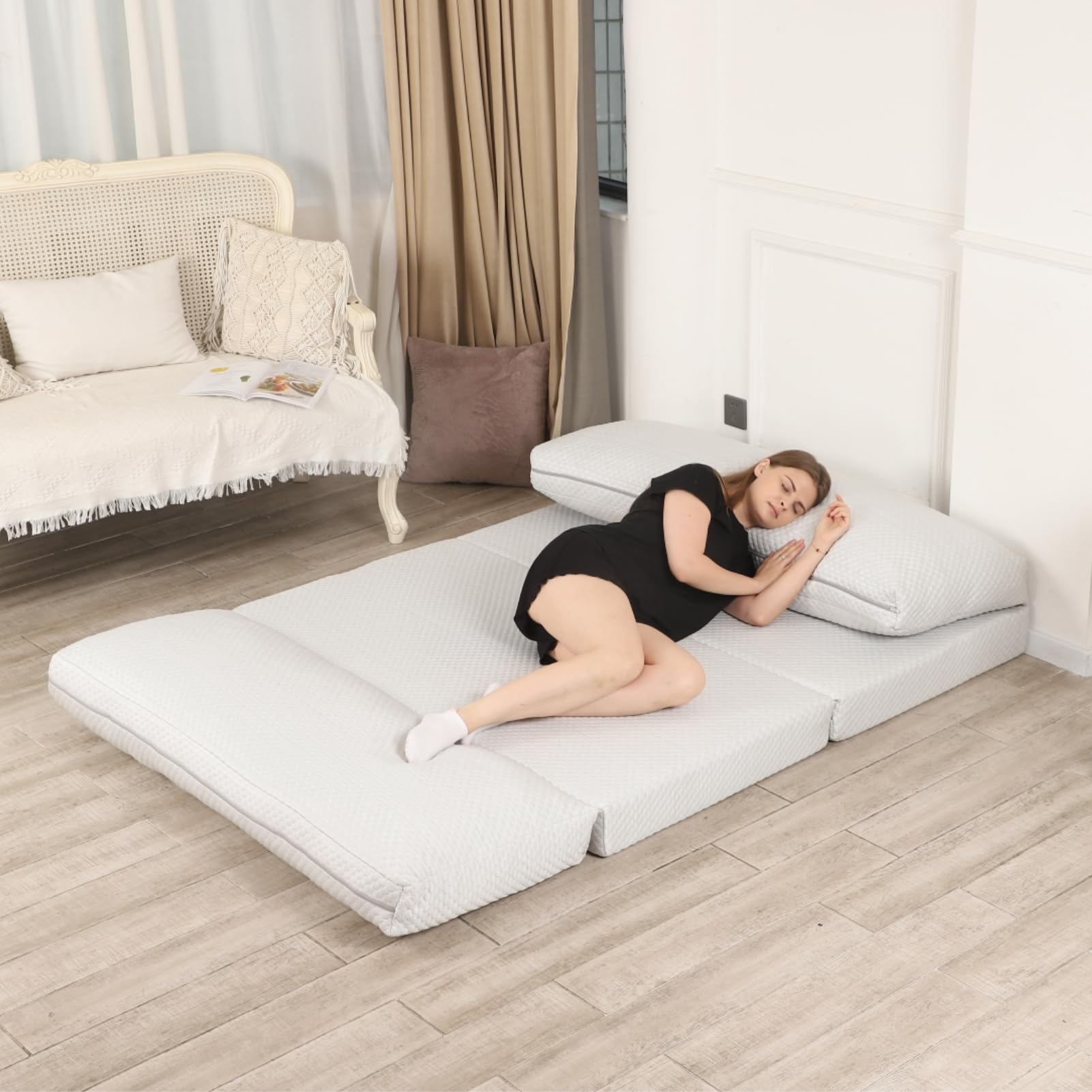Breathable Cooling Bean Bag Sofa Bed - Foldable Full Size Floor Mattress for Hot Sleepers with Removable Washable Cover, Light Grey (54x95 Inches) - Perfect for Dorm Rooms, Guest Beds & Summer Napping