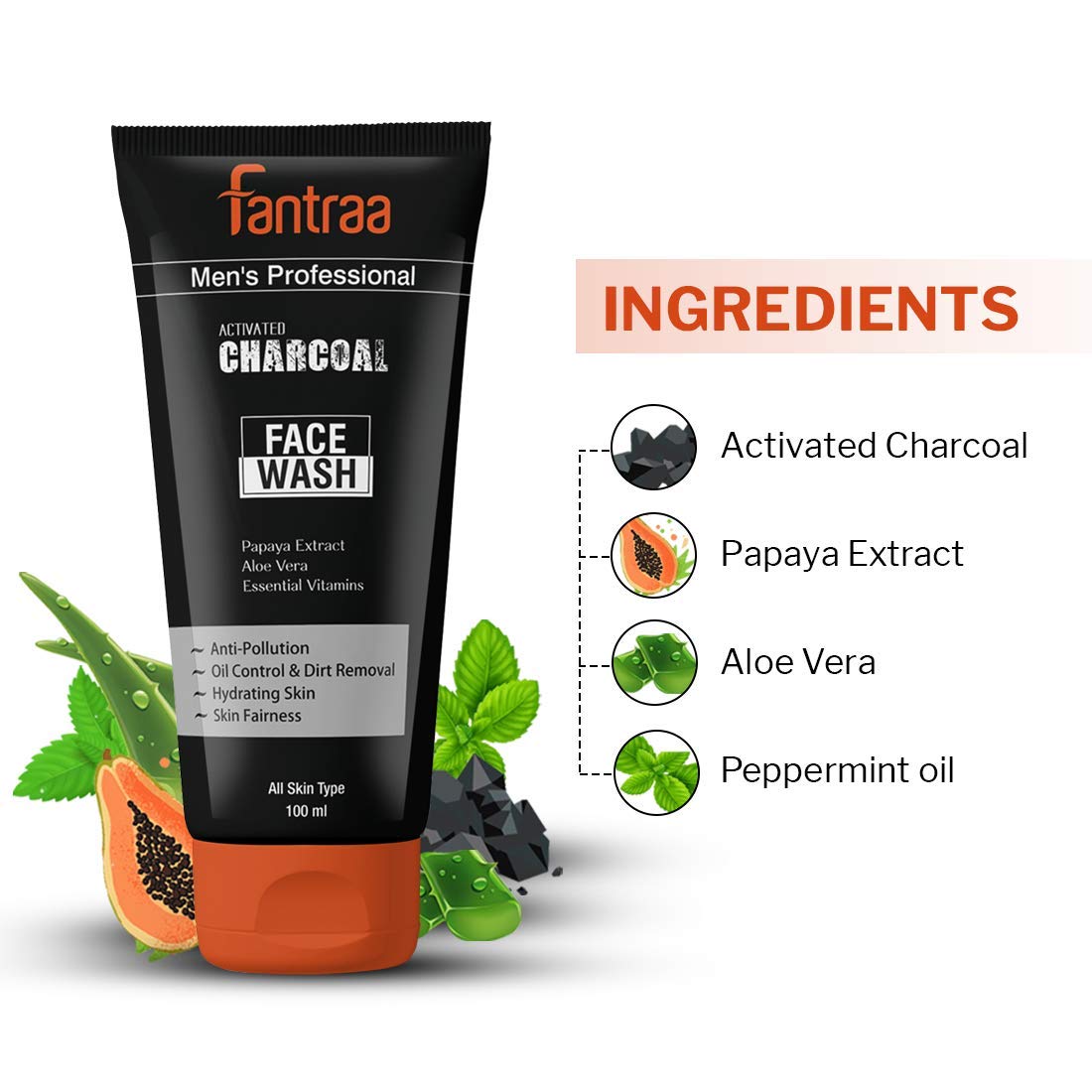 Fantraa Activated Charcoal Face Wash for Acne & Oil Control - 100ml | Anti-Pollution, Skin Brightening & Whitening | All Skin Types | Men & Women | Daily Deep Cleansing for Clearer Skin