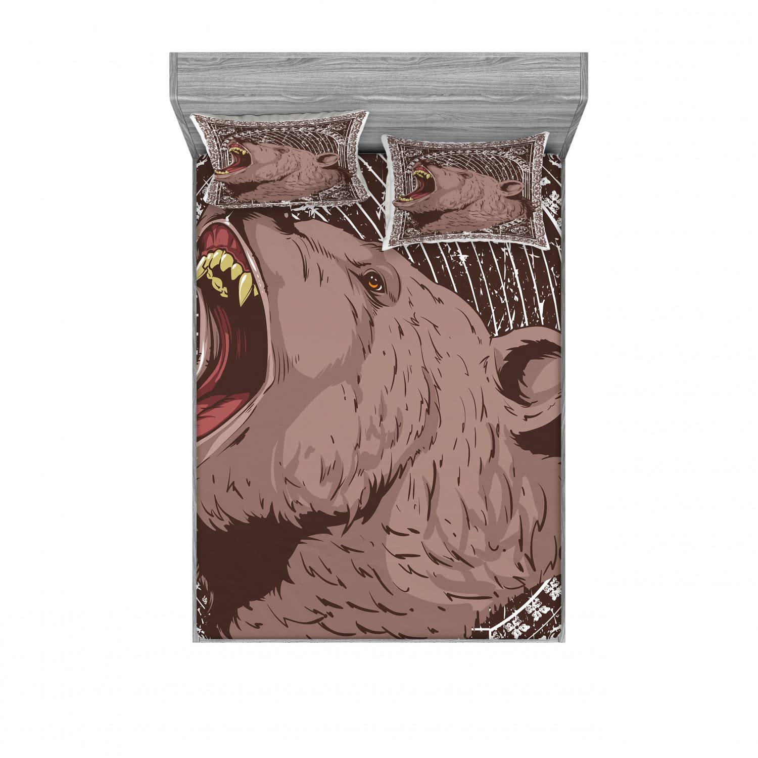 Ambesonne 2-Pack Queen Size Fitted Sheet & Pillow Sham Set - Grizzly Bear Print Brown White Bedding Decor (Includes 2 Fitted Sheets & 4 Pillow Covers) - Perfect for Wildlife Themed Bedrooms, Cabin Decor, and Bear Lovers' Home Decor