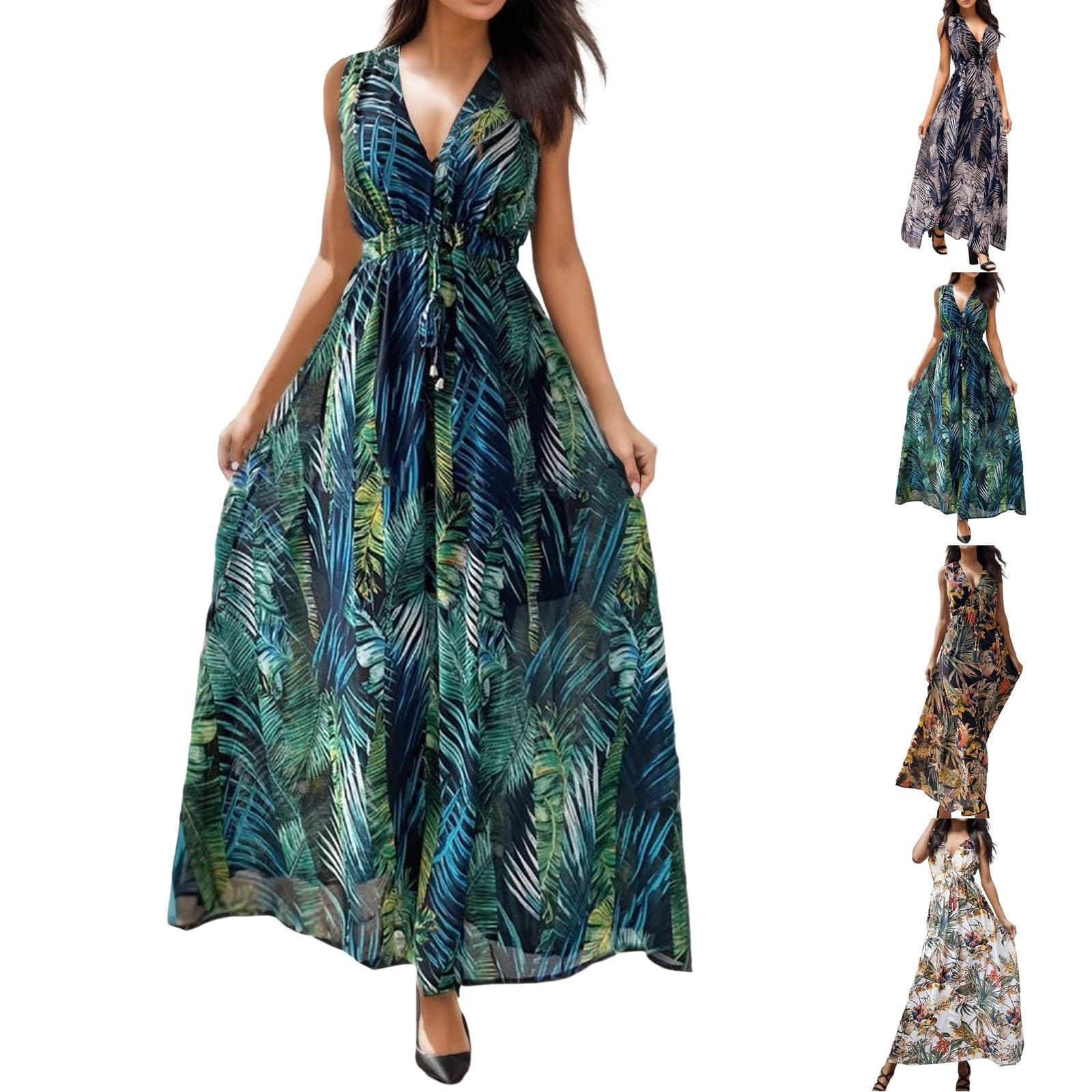 2024 Trendy Women's Tropical Wrap Dress - Floral Boho V-Neck Flowy Ruched Hawaiian Maxi Dress for Spring Summer | Beach Vacation, Pool Party & Casual Outings