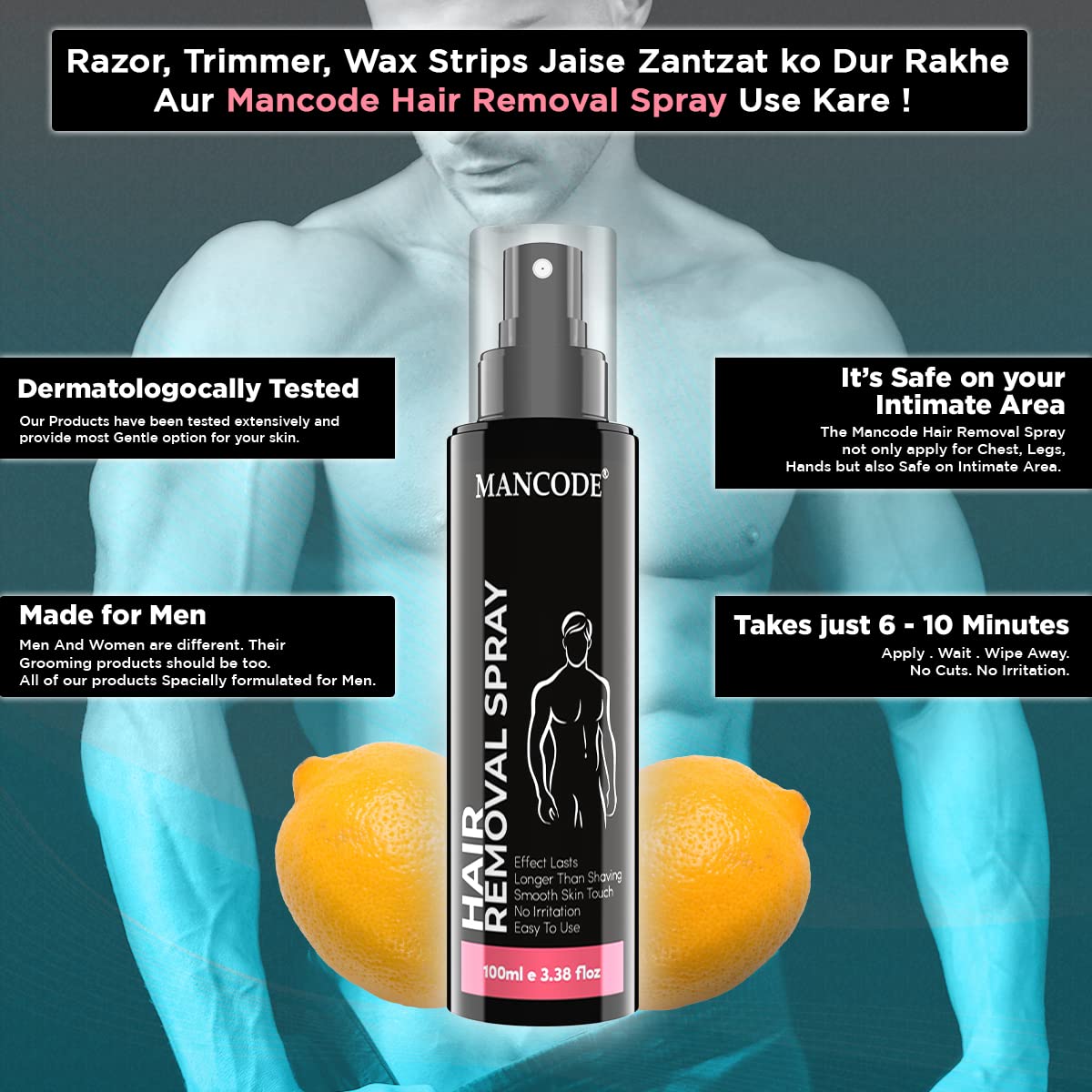 MAN CODE Painless Hair Removal Spray for Men - 100ml | Chest, Back, Legs & Underarms Hair Remover | No Irritation & Itch-Free Formula | Intimate Hygiene Solution | Perfect for Gym, Swimming & Summer Activities
