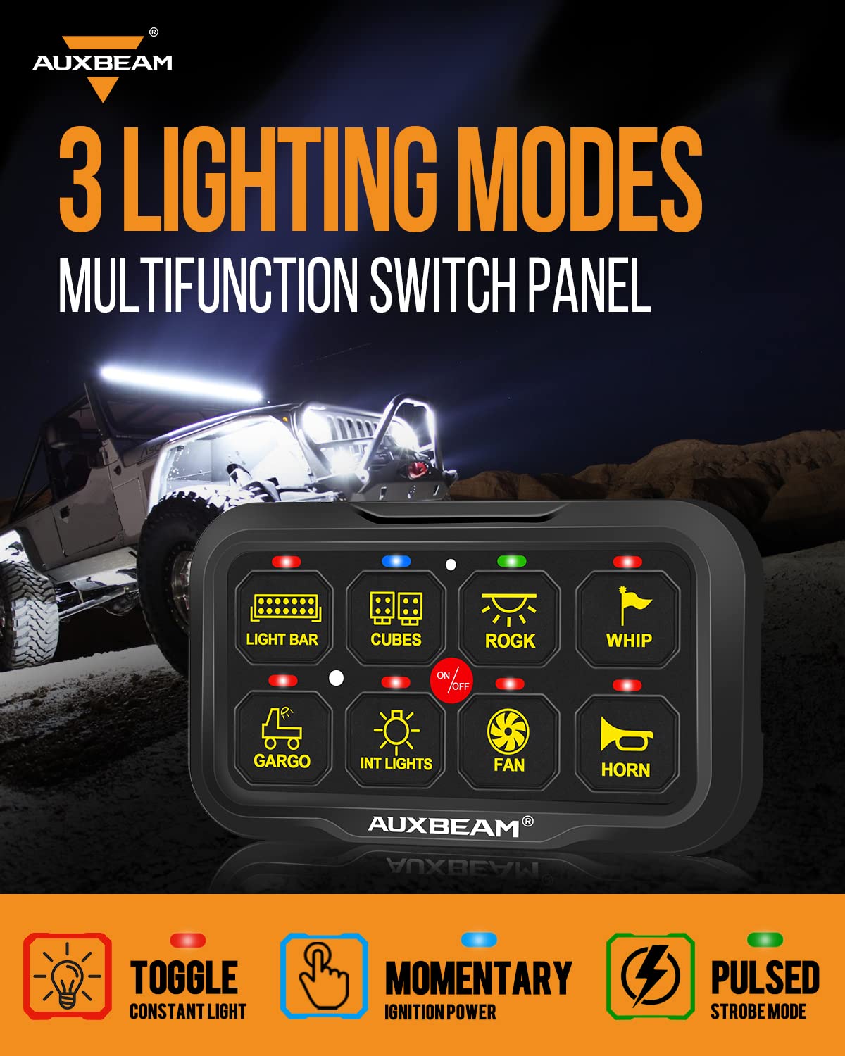 Auxbeam RGB 8 Gang Switch Panel RA80 X2 - Waterproof Dual Switch Panel with Momentary Pulsed Toggle for Offroad SUV, Hunting Truck, Camper Van, Food Truck & Boat | 2-Year Warranty | Perfect for Vehicle Lighting Control & Custom Wiring Projects