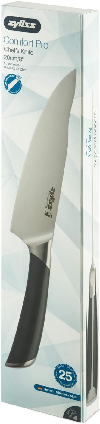 Zyliss Comfort Pro Chef's Knife 8 Inch - Premium Ice Hardened Stainless Steel Kitchen Knife - Rust Resistant & Tarnish Free Cutlery - Black/Stainless Steel - Perfect for Slicing, Dicing & Chopping Vegetables, Meat & Fruits