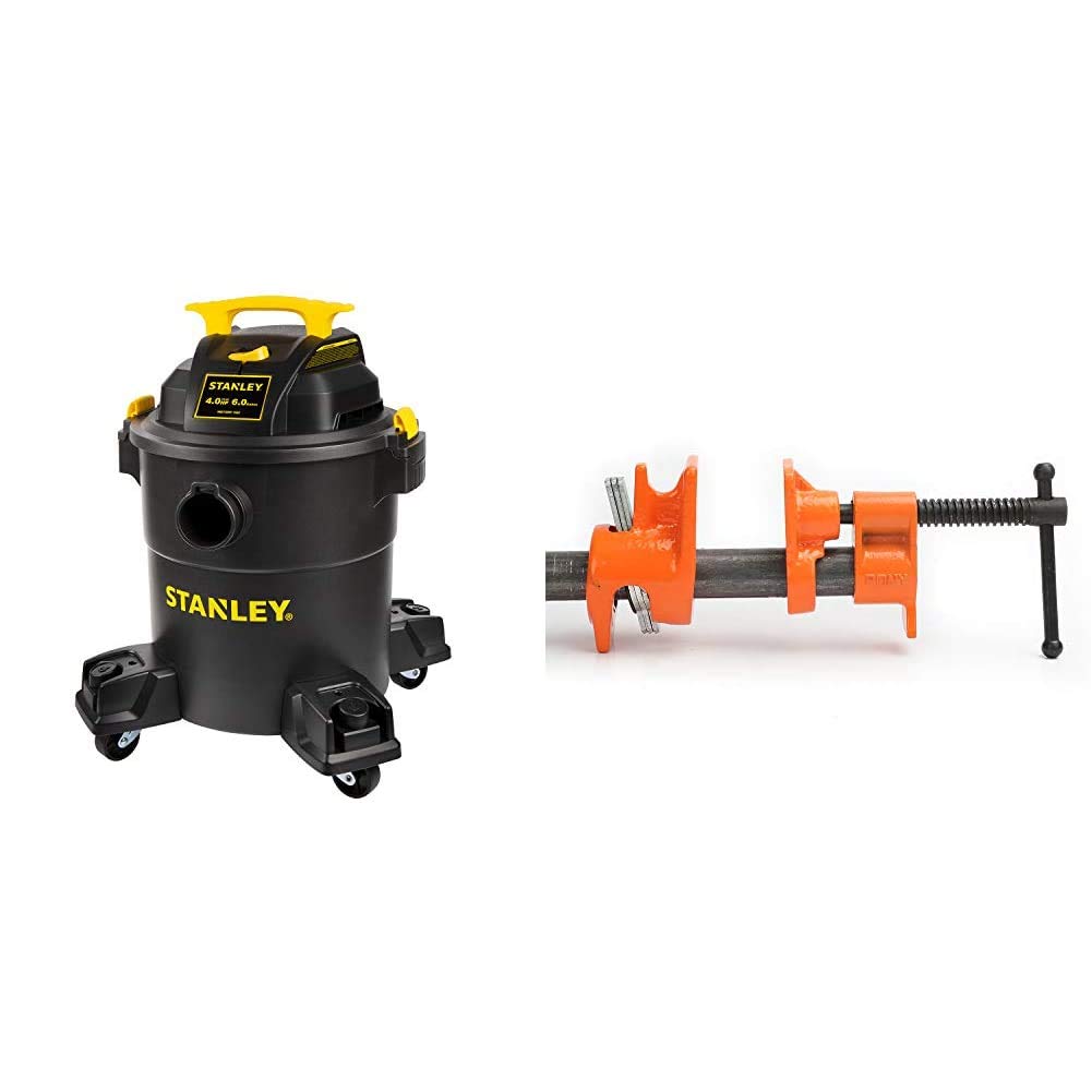 **Stanley 6 Gallon Wet/Dry Vacuum – 4 Peak HP, 3-in-1 Shop Vac with Blower & Powerful Suction – Multi-Functional for Home, Garage & Workshop – Includes 4HP Motor & Pony 52 Pipe Clamp for 1/2-Inch Black Pipe – Ideal for Cleaning, DIY Projects & Construction**