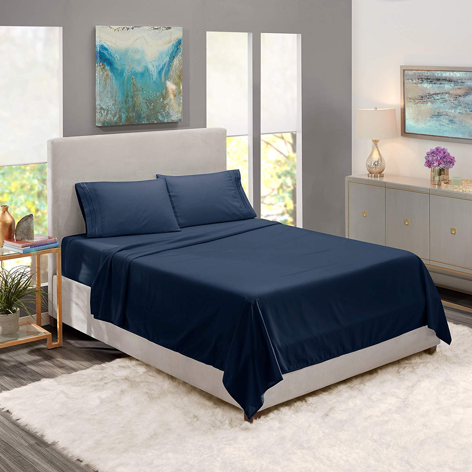 Premium 600 Thread Count 100% Cotton Bedding Sheet Set - Ultra Soft, Wrinkle-Resistant 4 PC Full Size Sheets in Navy Blue | Perfect for Master Bedroom, Guest Room & Dorm Essentials