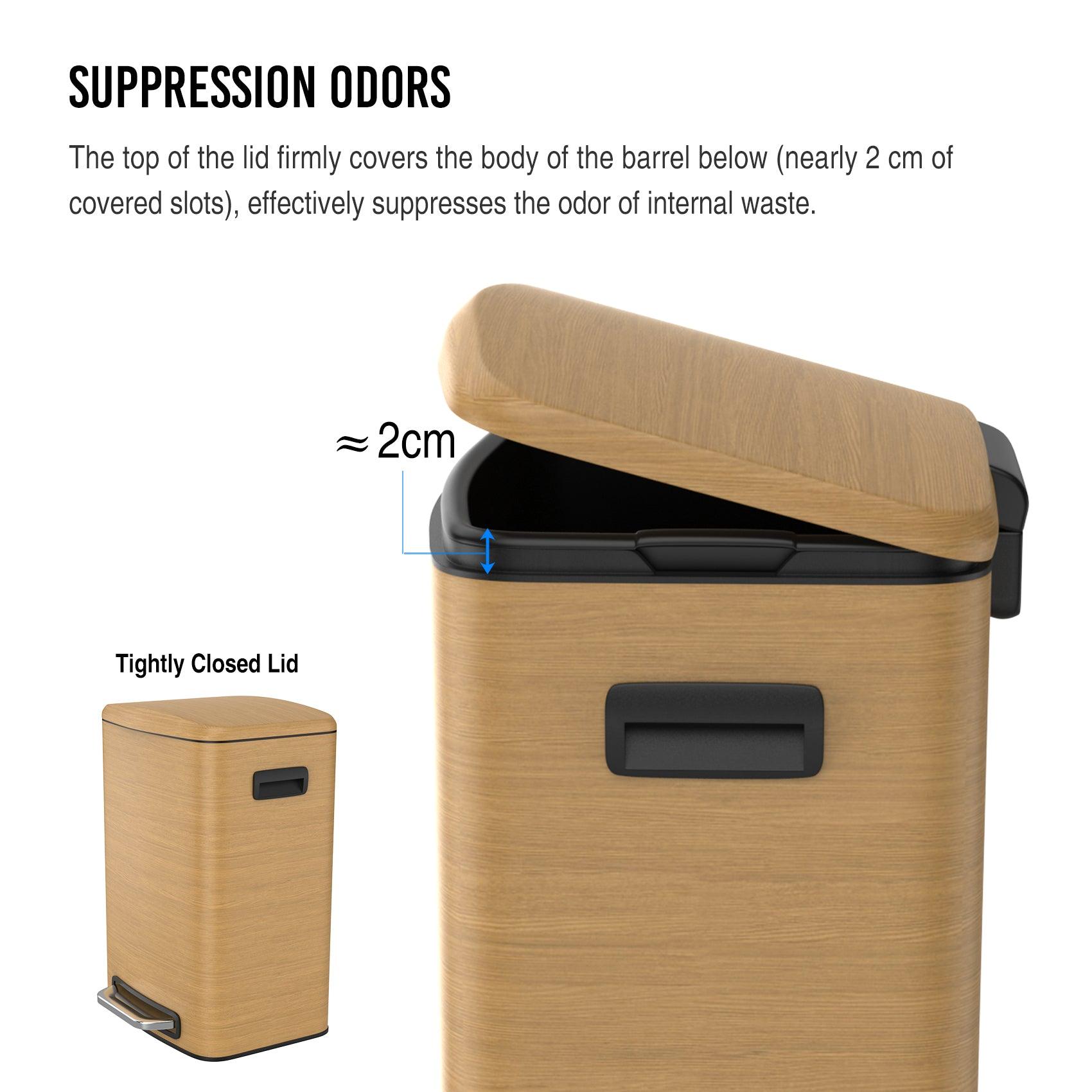 13 Gallon 50L Stainless Steel Rectangular Trash Can with Foot Pedal - Soft Close Lid, Wood Texture Design - Includes 30 Garbage Bags - Perfect for Kitchen, Office, or Bathroom Waste Disposal