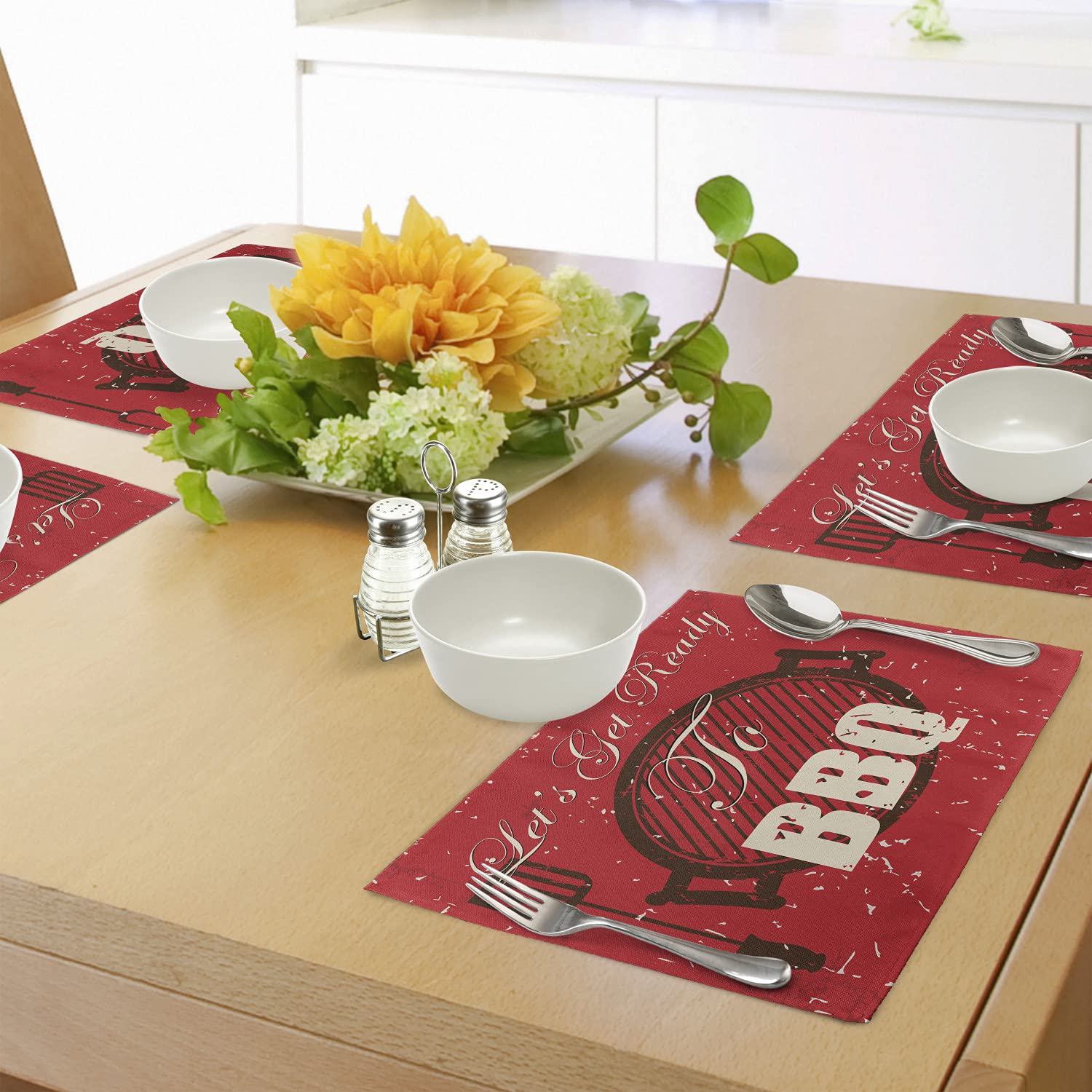 Lunarable BBQ Party Place Mats Set of 4 - Washable Fabric Dining Table Mats with Grunge Grill & Utensils Design - Perfect for Kitchen Decor, Outdoor BBQ Gatherings & Dinner Parties (Black Eggshell & Vermilion)