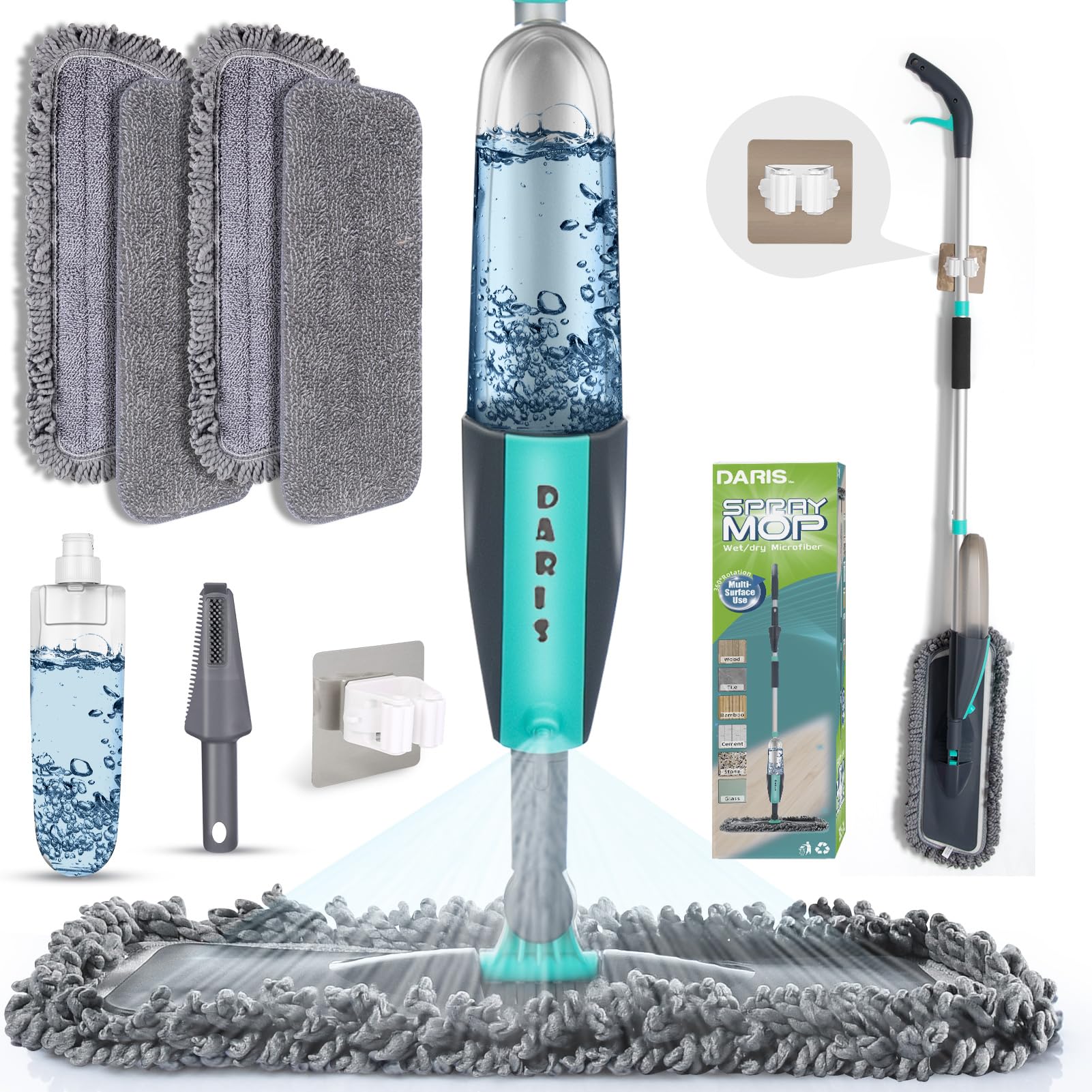 360° Spin Spray Mop for Hardwood Floors - Microfiber Floor Mop with 4 Washable Pads, Holder & Scraper - Wet & Dry Floor Cleaner for Dust, Spills & Stubborn Stains - Perfect for Kitchen, Bathroom & Tile Cleaning