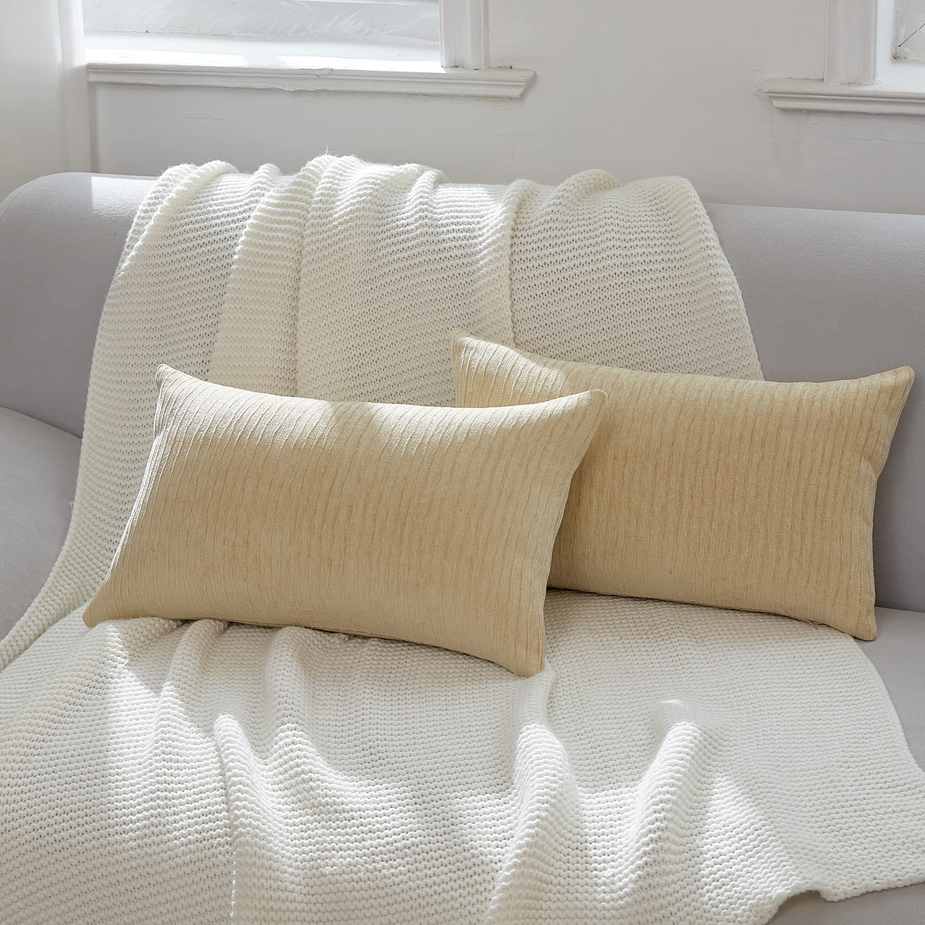 WLNUI Lumbar Light Khaki Pillow Covers 12x20 Inch Set of 2 - Soft Chenille Wavy Texture Decorative Throw Pillow Cases for Sofa, Couch, Bed - Perfect for Living Room, Farmhouse & Home Decor