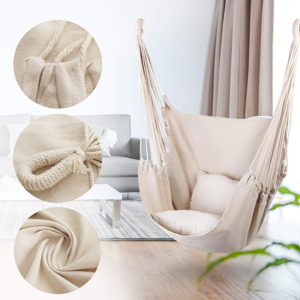 Sturdy Cotton Weave Hammock Chair Swing - Indoor/Outdoor Hanging Rope Seat Supports 300Lbs (Beige) | Perfect for Porch, Patio, Garden & Bedroom Relaxation (Pole & Pillows Not Included)