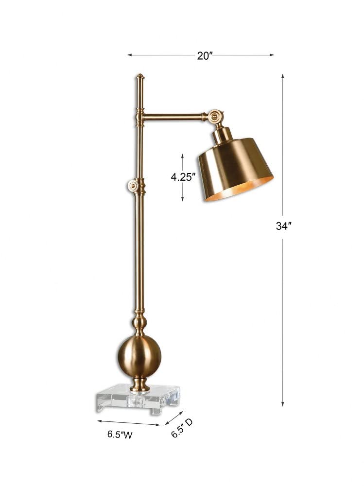 Brushed Brass Adjustable Task Lamp with Round Drum Shade & Crystal Base - 3-Way Switch for Bedroom, Office, or Study Desk Lighting