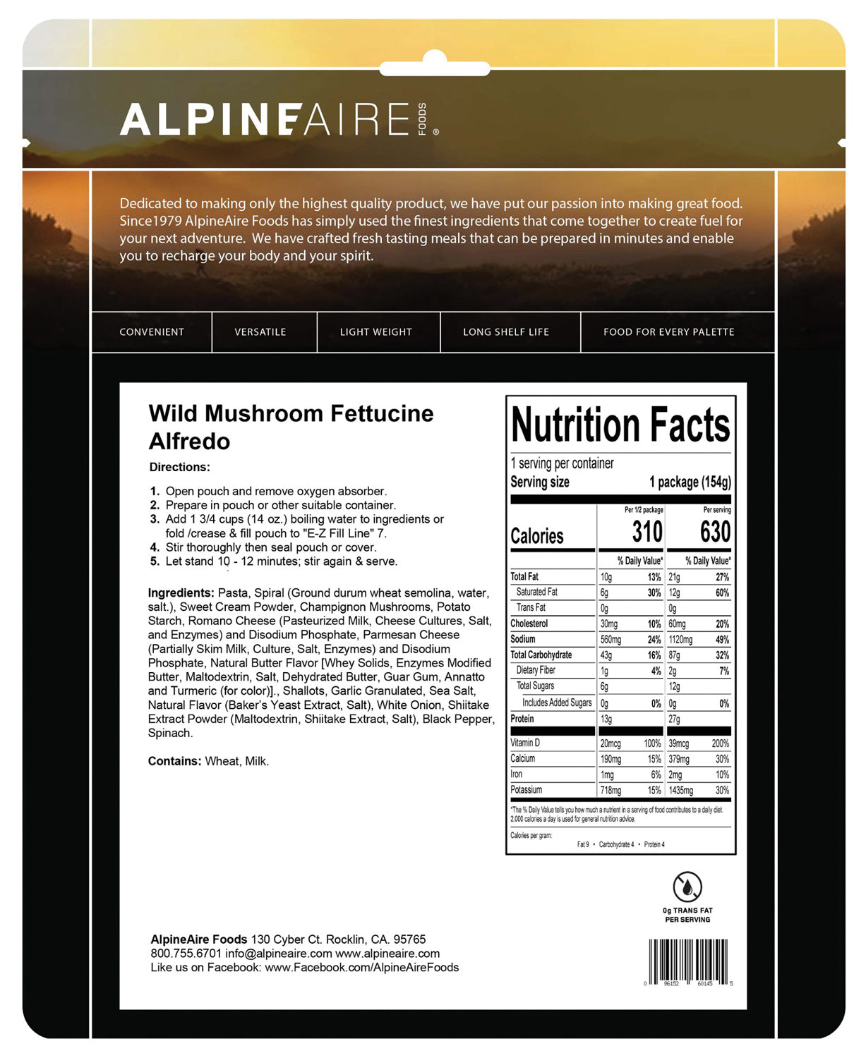 Alpine Aire Wild Mushroom Fettuccine Alfredo Pasta - Premium Freeze-Dried Backpacking & Camping Meal - Lightweight Gourmet Food for Hiking, Emergency Preparedness & Outdoor Adventures