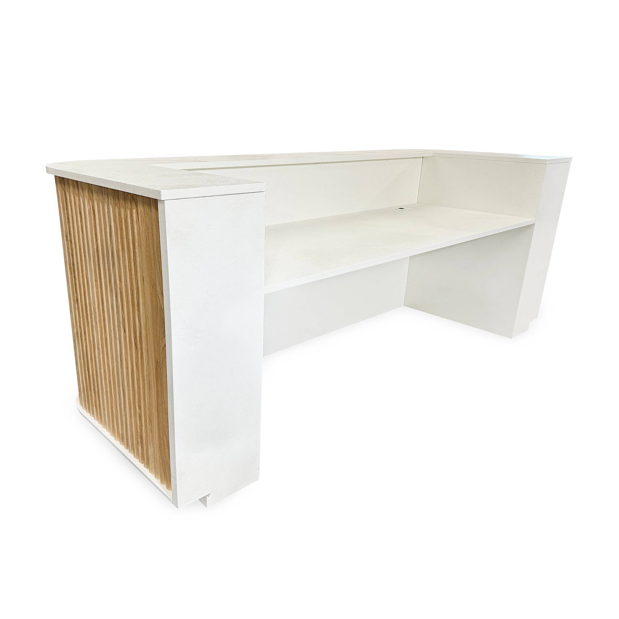 Premium 240cm HALO Reception Desk - Solid Oak & White Finish - Modern Office Furniture for Hotels, Corporate Lobbies & Professional Workspaces
