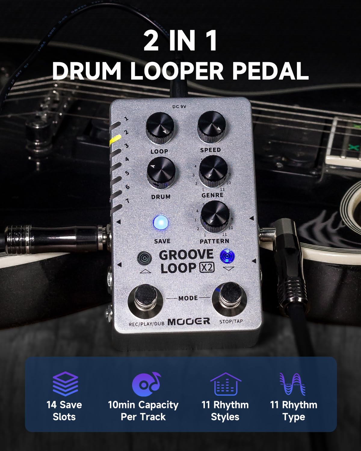 MOOER Groove Looper Pedal - Stereo Guitar Loop Recorder with 140 Minutes Loop Time & 121 Drum Grooves - Drum Machine & Editor Software Included (X2) - Perfect for Live Performances, Music Production & Home Studio Recording