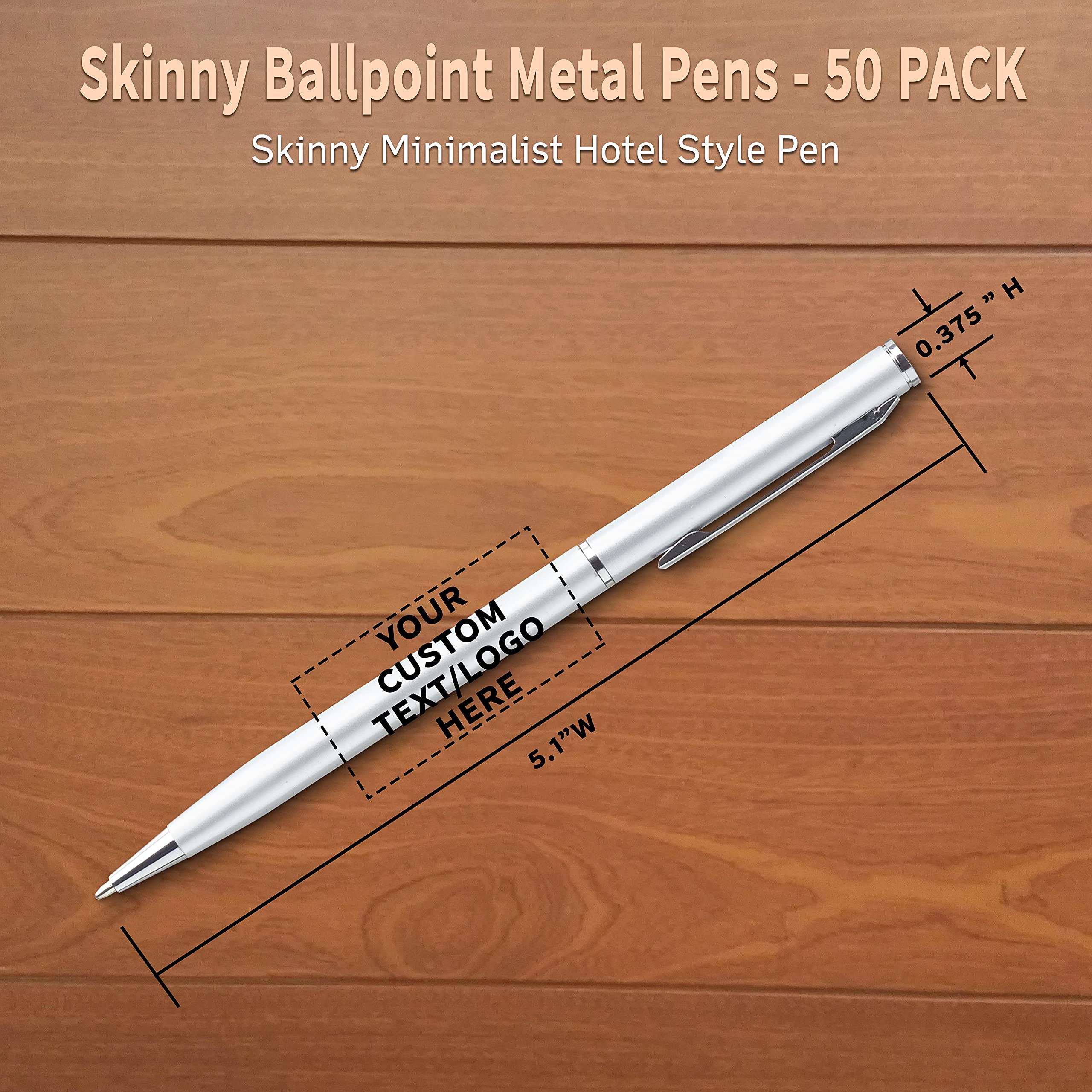 50 Pack Customizable Metal Skinny Ballpoint Pens - Engrave Your Text/Logo - Sleek Twist-Off Design with Black Ink (Silver) - Perfect for Corporate Gifts, Promotional Events & Office Supplies