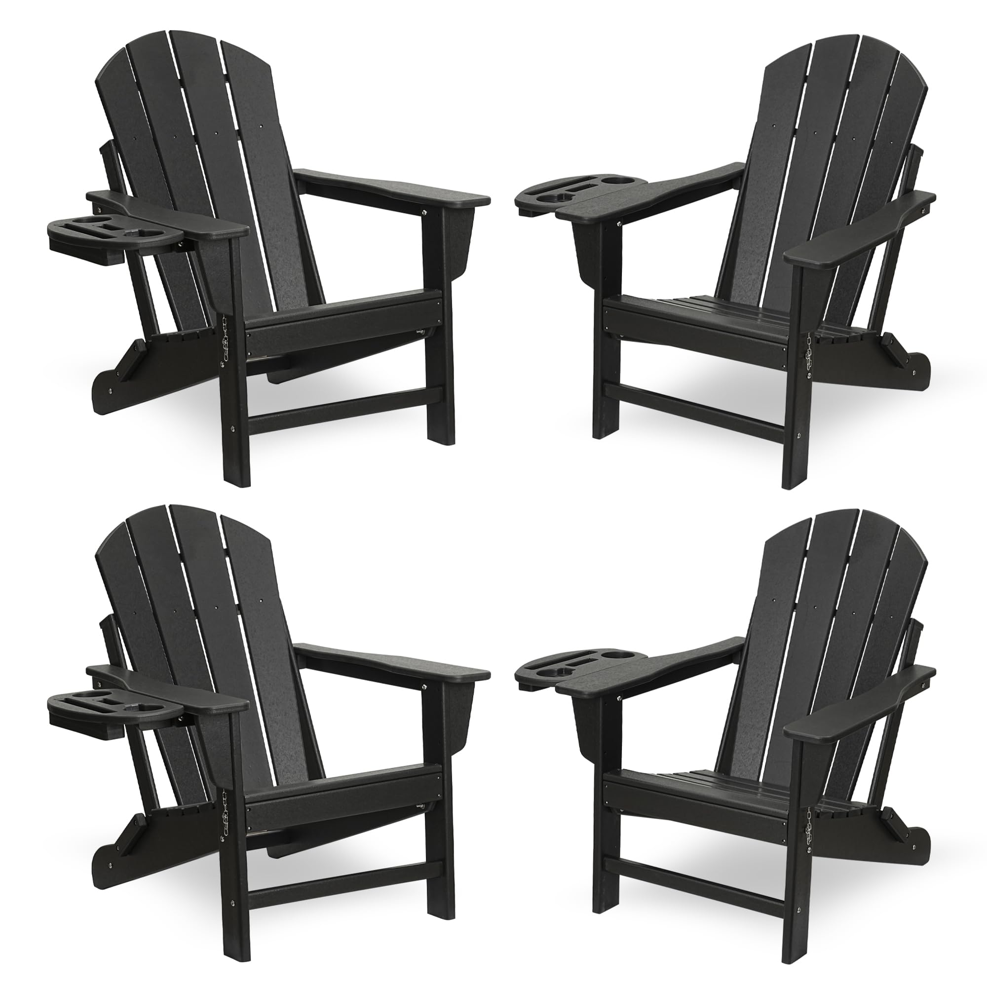 FOOWIN 4-Piece HDPE Folding Adirondack Chair Set - All-Weather Resistant Outdoor Furniture with 4-in-1 Cup Holder Trays - Perfect for Patio, Garden, Backyard, Deck & Fire Pit Gatherings (Black)