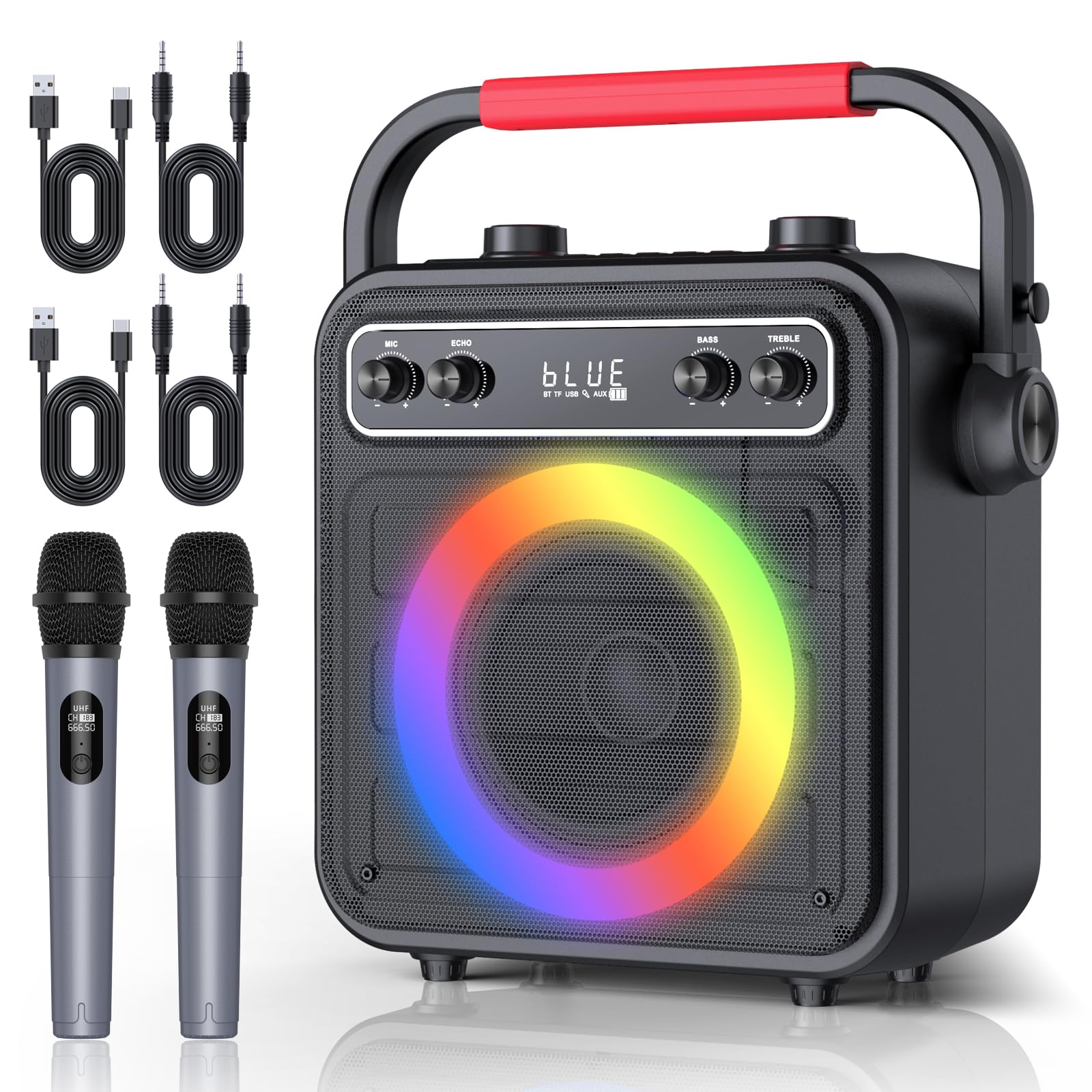 Bluetooth Karaoke Machine with 2 Wireless Microphones - Portable PA Speaker System for Adults & Kids, Supports TF Card/USB/AUX Input, Bass & Treble Control - Perfect for Home Parties, Family Gatherings & Meetings