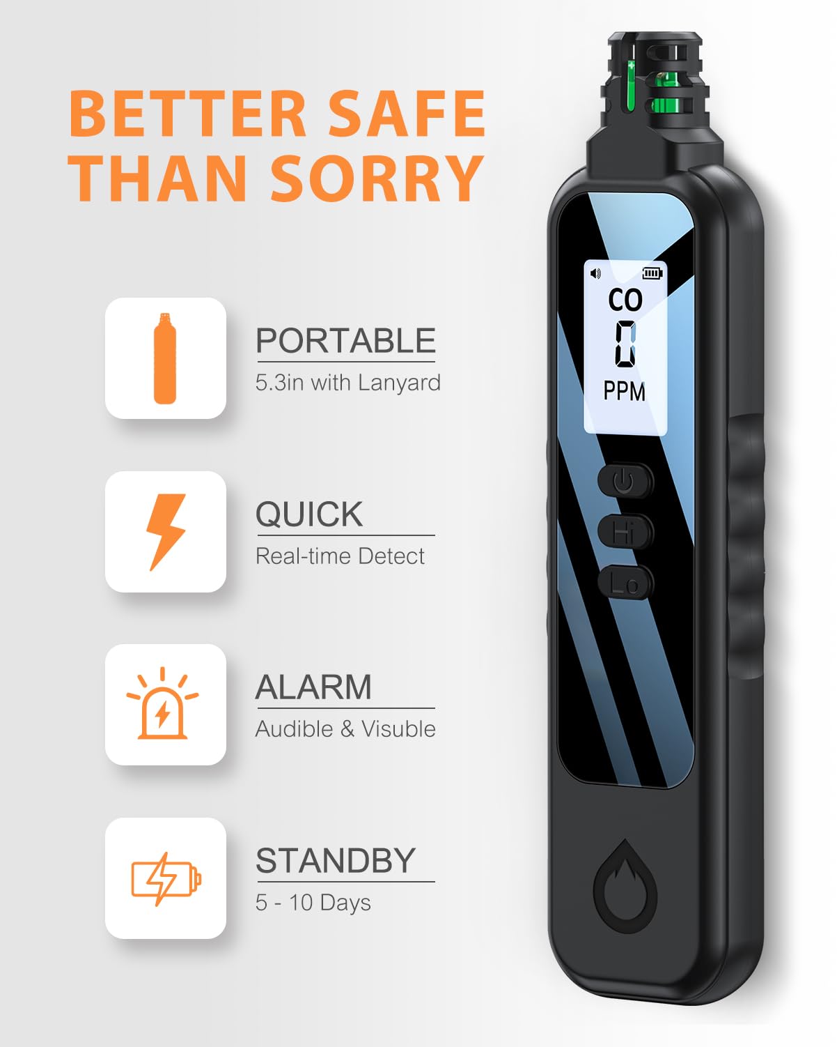 Portable Carbon Monoxide Detector - Battery Powered Mini CO Gas Alarm with Digital Display, 5.3