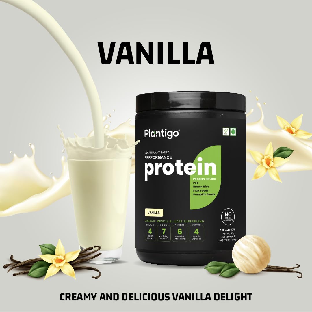 Plantigo Vegan Pea Protein Powder - Vanilla Flavor, 1kg | 24g Protein, 4.4g BCAA, 2g Leucine | Fast Digesting, Sugar-Free, No Preservatives | Ideal for Smoothies, Baking & Post-Workout Recovery for Men & Women
