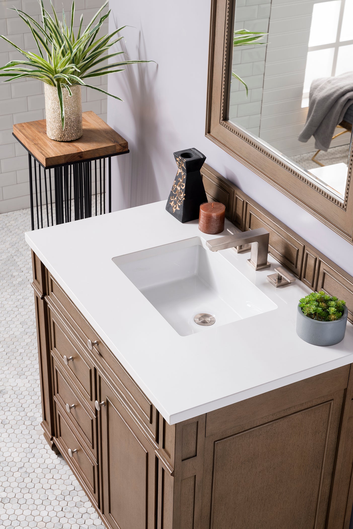 Bristol 36 Inch Single Bathroom Vanity in Whitewashed Walnut with 3CM White Zeus Quartz Countertop - Perfect for Modern Farmhouse & Coastal Style Bathrooms