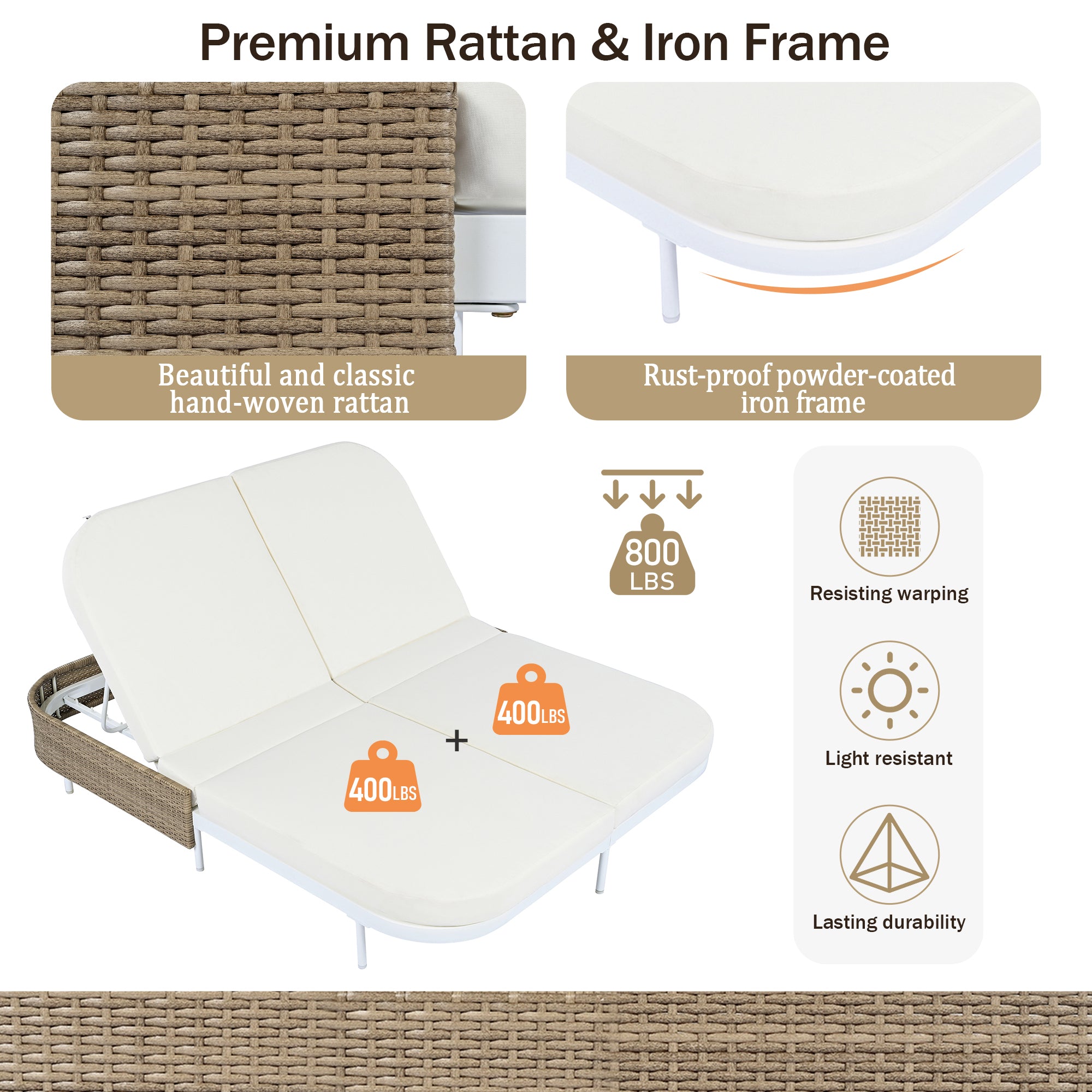 Outdoor Rattan Daybed with 5-Position Adjustable Backrest & Removable Cushions - Perfect for Patio, Garden, Backyard and Poolside Relaxation