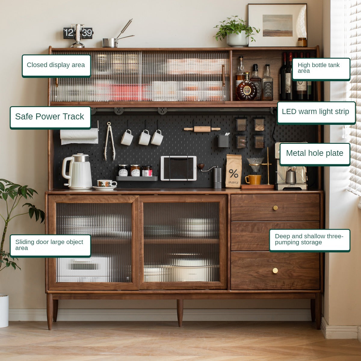 Black Walnut Sideboard with Integrated High Cabinet & Glass Doors - Stylish Storage for Dining Room, Living Room, or Entryway