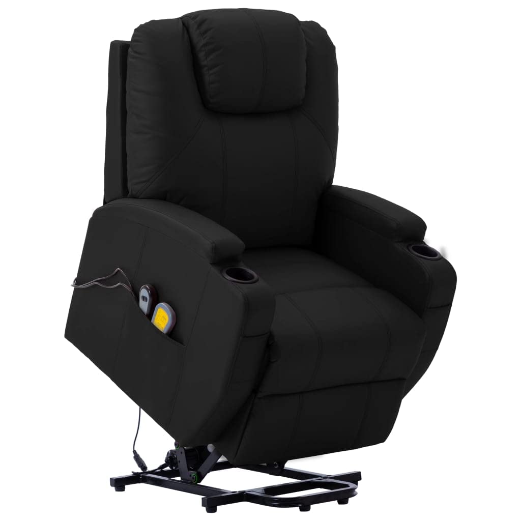 vidaXL Electric Power Lift Massage Chair with Manual Recline - 6-Point Vibration Massage, Cup Holders & Side Pocket - Black Faux Leather Comfortable Recliner for Home, Office & Relaxation