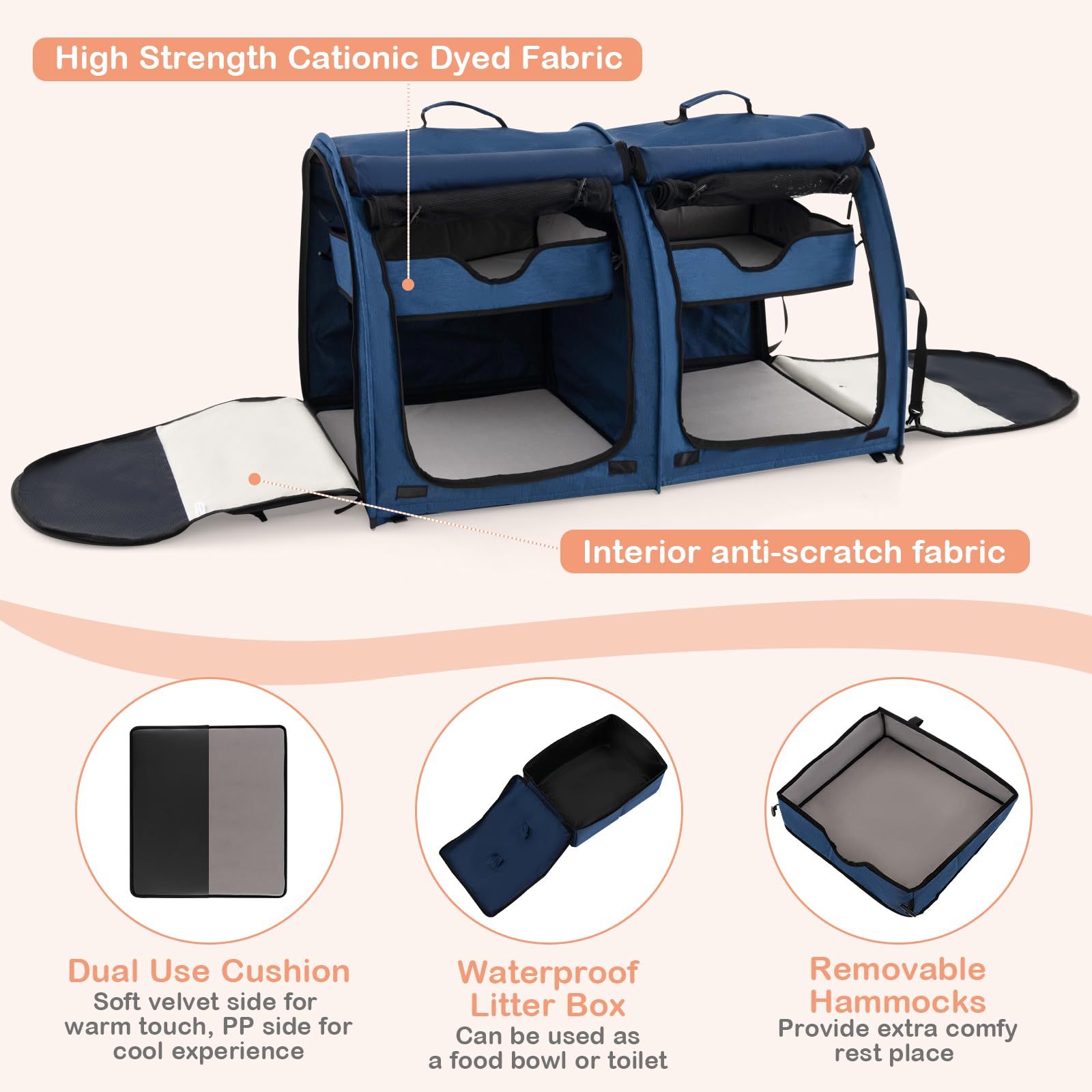 Giantex 40 Inch Large Cat Carrier with Double Compartments - Travel Litter Box Included, 2 Removable Hammocks & Mats - Portable Pet Kennel for Cats & Small Dogs - Comes with Carry Bag - Ideal for Car Travel, Camping & Vet Visits (Navy Blue)