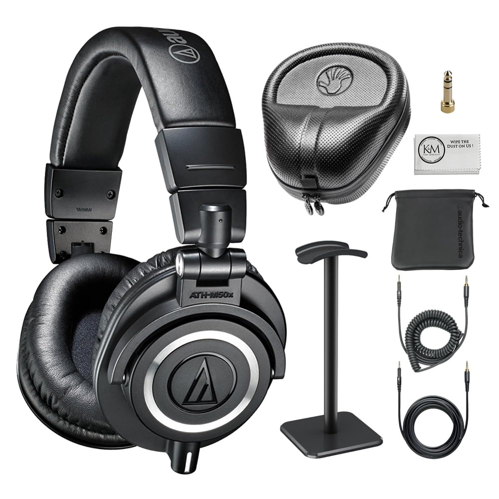 Audio-Technica ATH-M50x Professional Studio Monitor Headphones - Closed-Back Design, Black | Bundle with Headphone Stand, Carrying Case & Cleaning Kit (4-Piece Set) | Perfect for Recording, Mixing & DJing