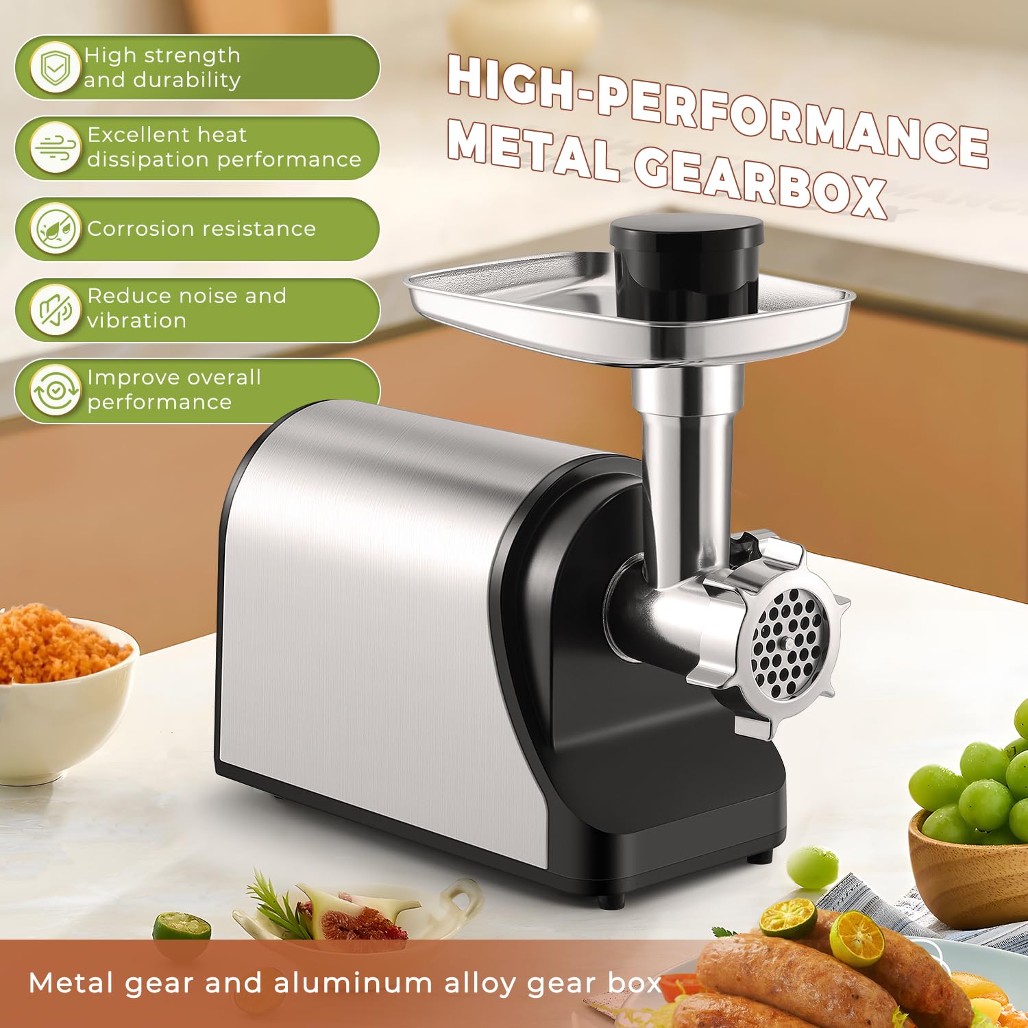3200W Heavy Duty Electric Meat Grinder - Commercial Grade with Sausage Stuffer & Kubbe Kit - Includes 2 Blades, 3 Grinding Plates & 3 Sausage Tubes - Durable Metal Gearbox for Home Kitchen, Restaurant & Butcher Shop Use