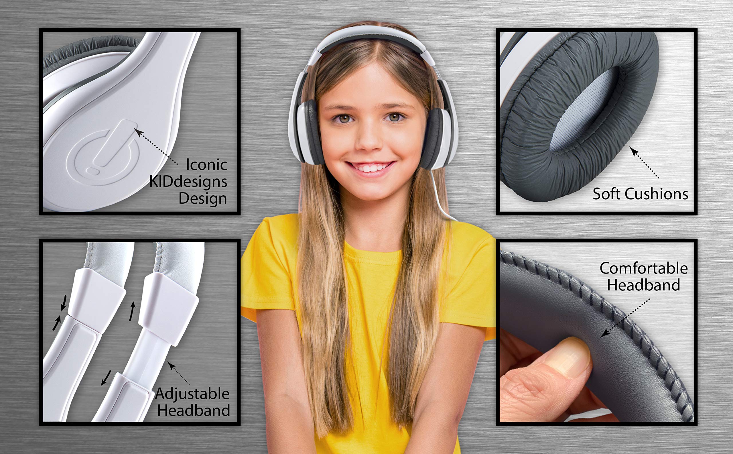 eKids Wired Over-Ear Headphones for Children - Stereo Sound, 3.5mm Jack, Tangle-Free Cord & Volume Limiting - Perfect for Travel, School & Home Use (White)