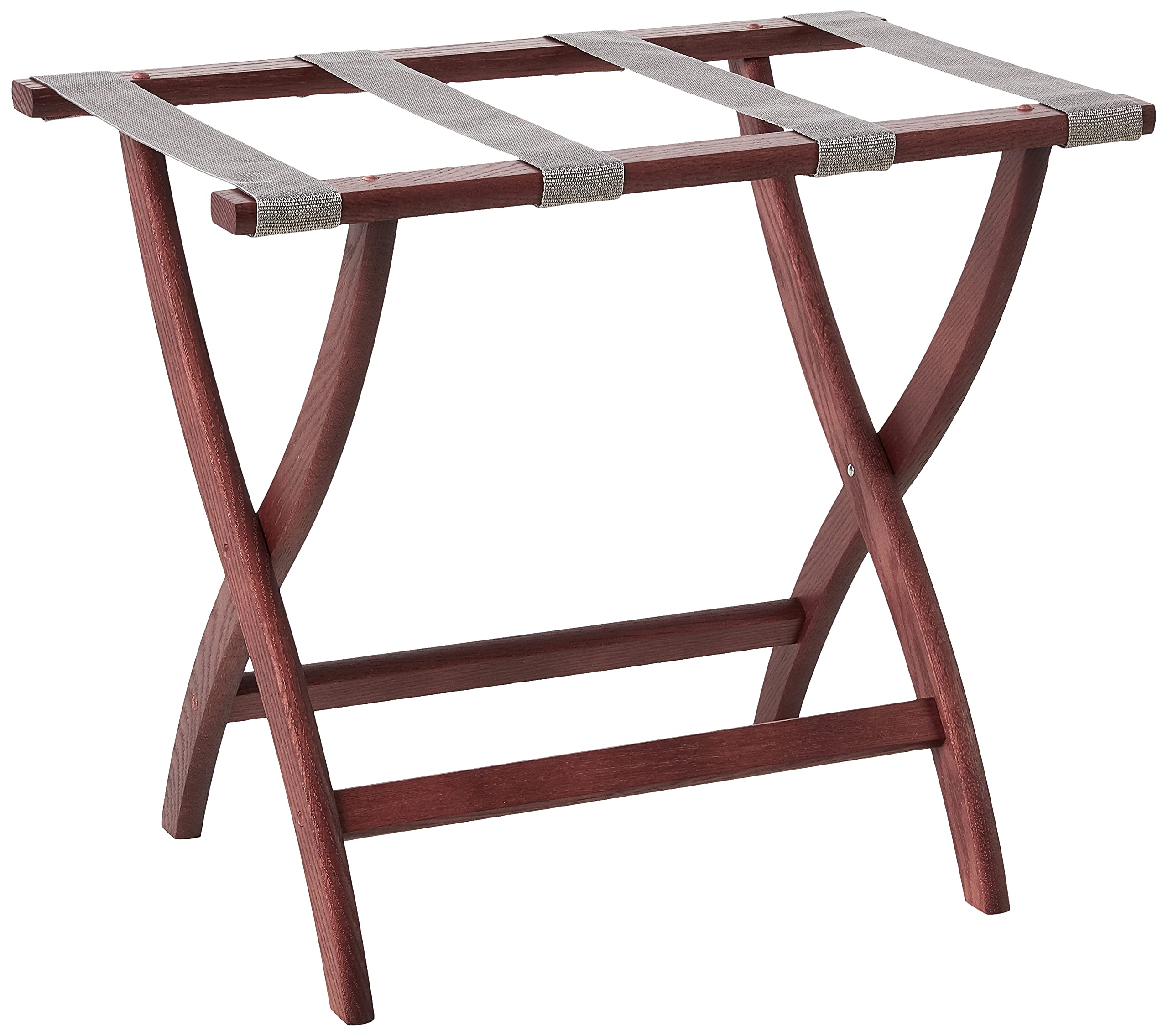 Premium Wooden Mallet Designer Curve Leg Luggage Rack with Grey Straps - Solid Mahogany Wood Suitcase Stand for Bedroom, Entryway & Hotel Use