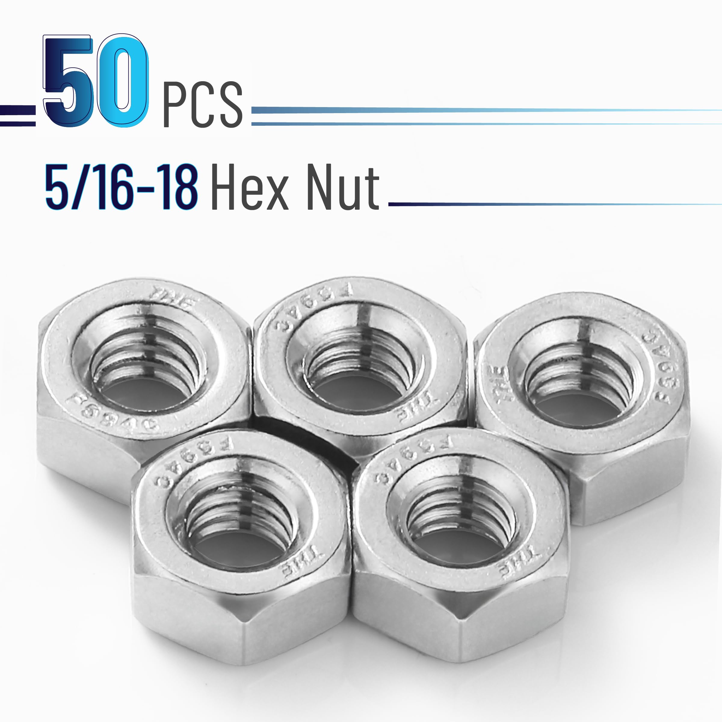 Bates 5/16-18 Stainless Steel Hex Nuts (50 Pack) - Corrosion Resistant Metal Hardware Nuts for Construction, Machinery & DIY Projects