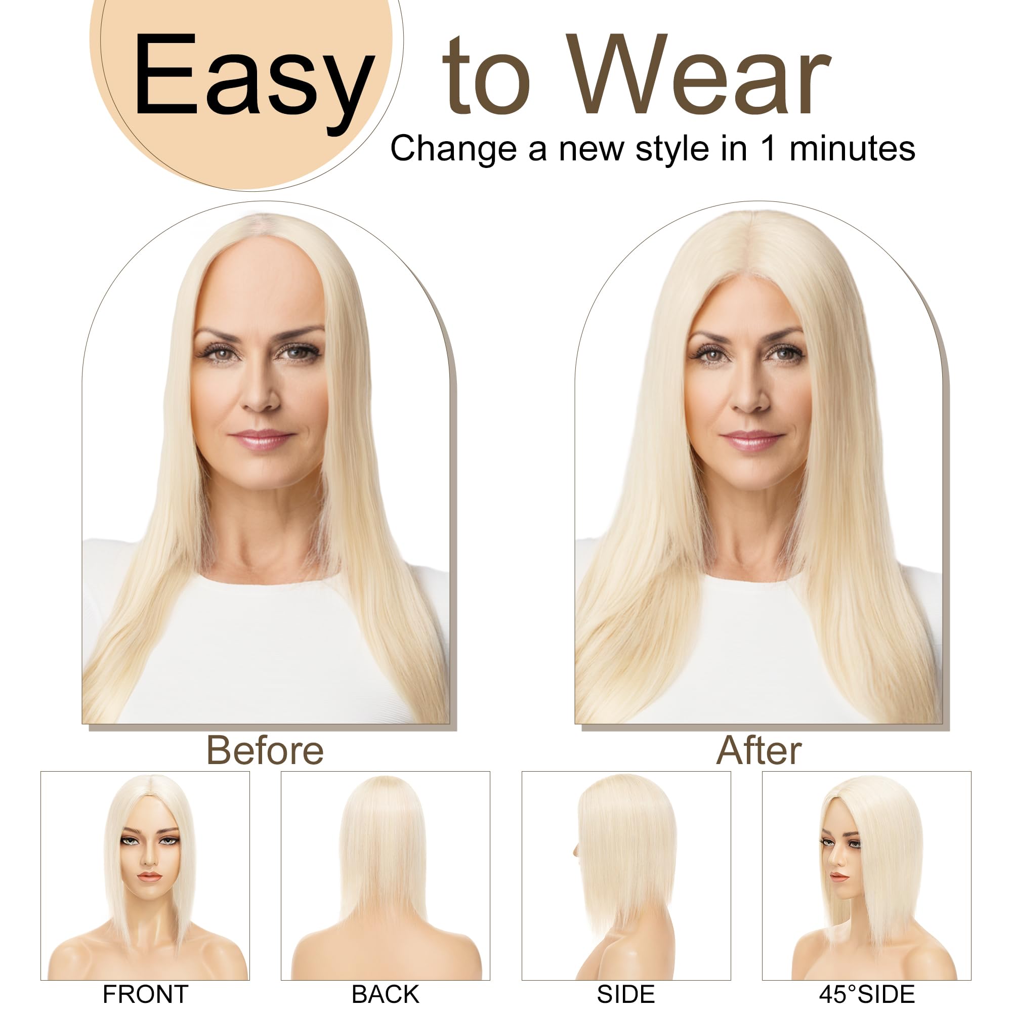 SEGO Real Human Hair Toppers for Women - No Bangs, 130% Density, 10x12cm Silk Base, 100% Remy Human Hair Clip-in Top Wiglet for Thinning Hair (12 Inch, Platinum Blonde) | Perfect for Daily Wear, Special Occasions & Hair Volume Enhancement