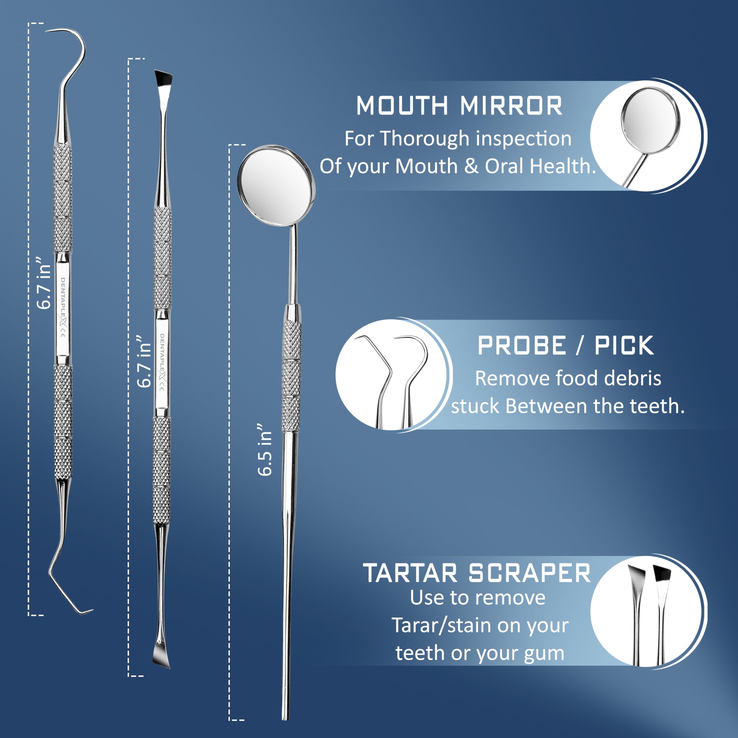 Dentaplex 3-Piece Professional Dental Care Kit - Teeth Cleaning & Whitening Tools, Plaque & Tartar Remover with Dual-Ended Tooth Picks & Dentist Mirror for Oral Hygiene | Perfect for Home Use, Travel, and Dental Professionals