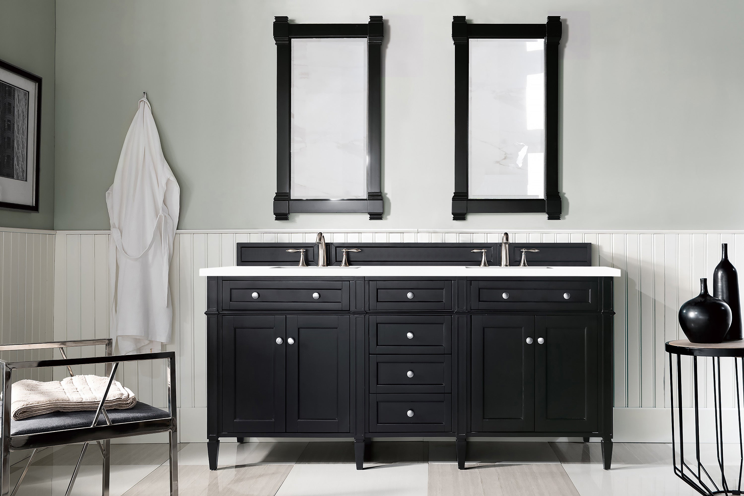 Brittany 72-Inch Black Onyx Double Vanity with 3CM White Zeus Quartz Countertop - Modern Bathroom Vanity for Master Bath & Guest Bathroom