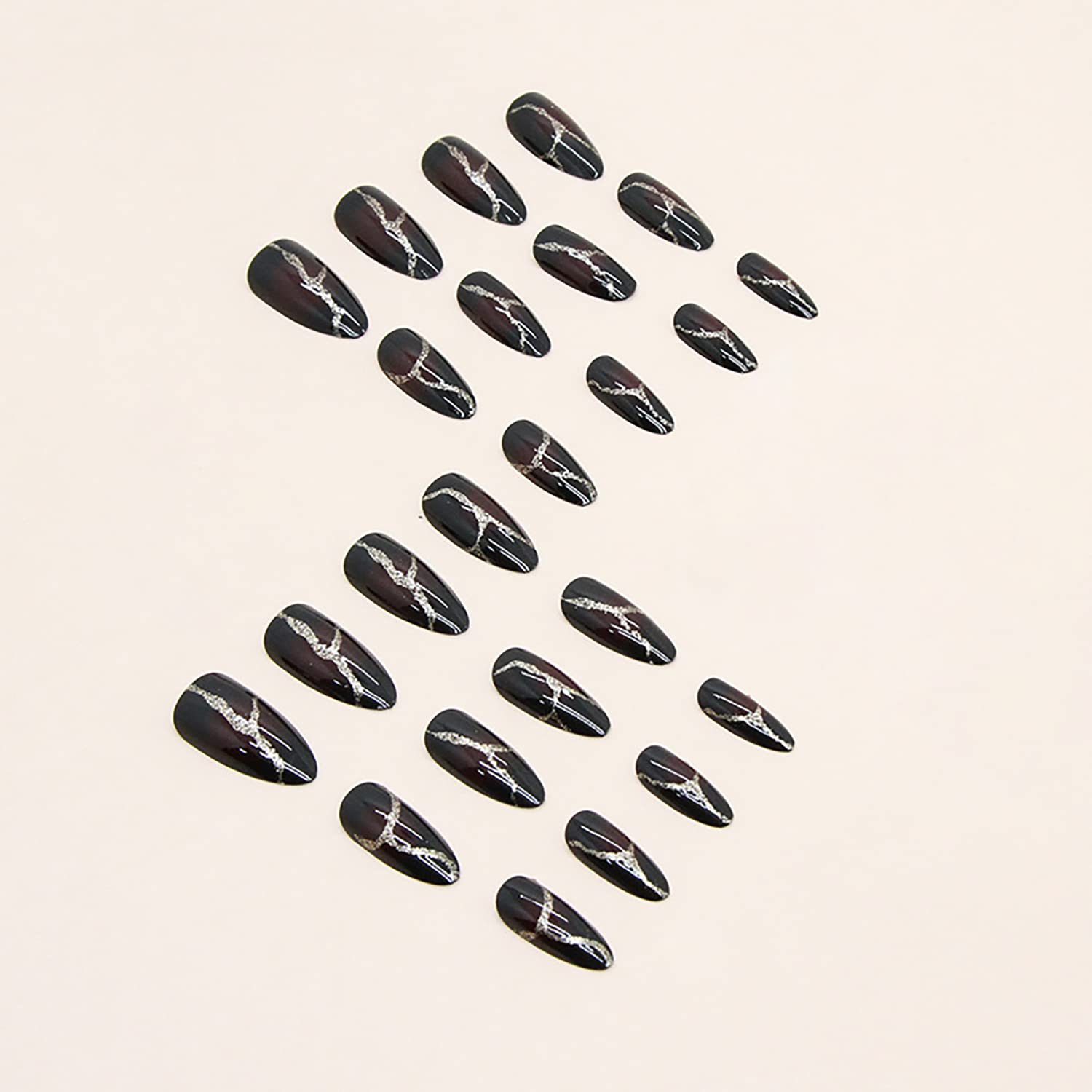 24PCS Black Full Cover Reusable Glossy False Nails Kit with Gold Lightning Designs - Medium Length Pointed Press on Nails, Acrylic Fake Nails for Women, Almond Shape Glue on Nails - Perfect for Parties, Weddings, and Special Occasions