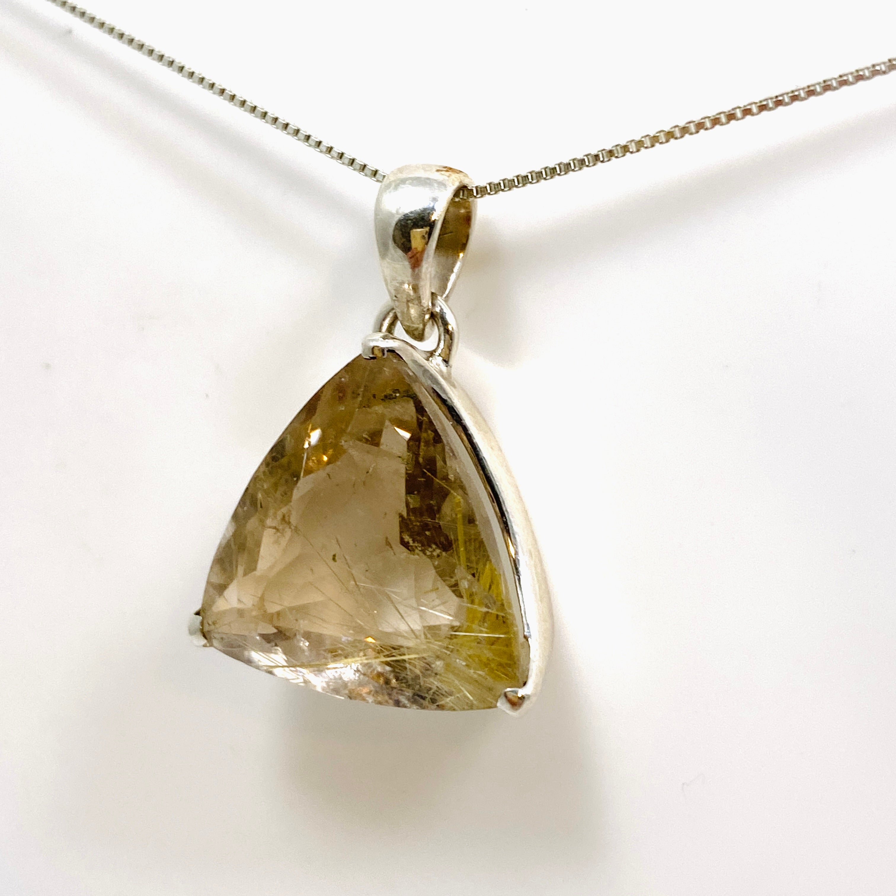 Golden Rutile Quartz Triangular Faceted Pendant Necklace - Natural Gemstone Jewelry for Women - Perfect for Spiritual Healing, Meditation & Everyday Elegance