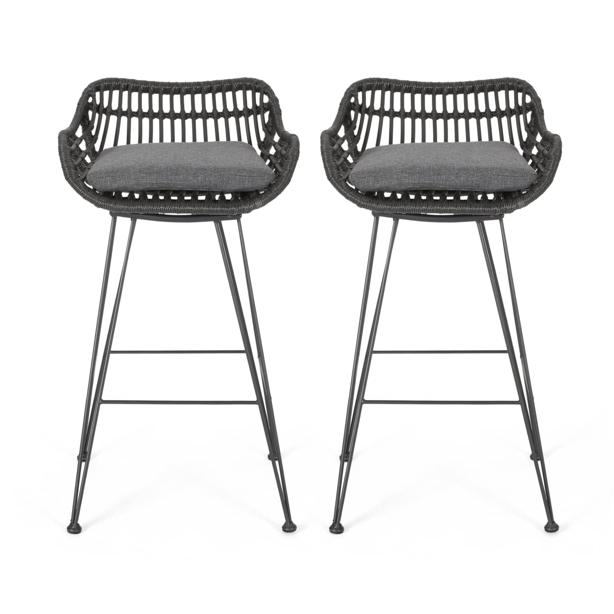 GDFStudio Outdoor Wicker Bar Stools with Cushions (Set of 2) - Gray & Dark Gray Patio Furniture for Backyard, Deck, or Poolside Relaxation
