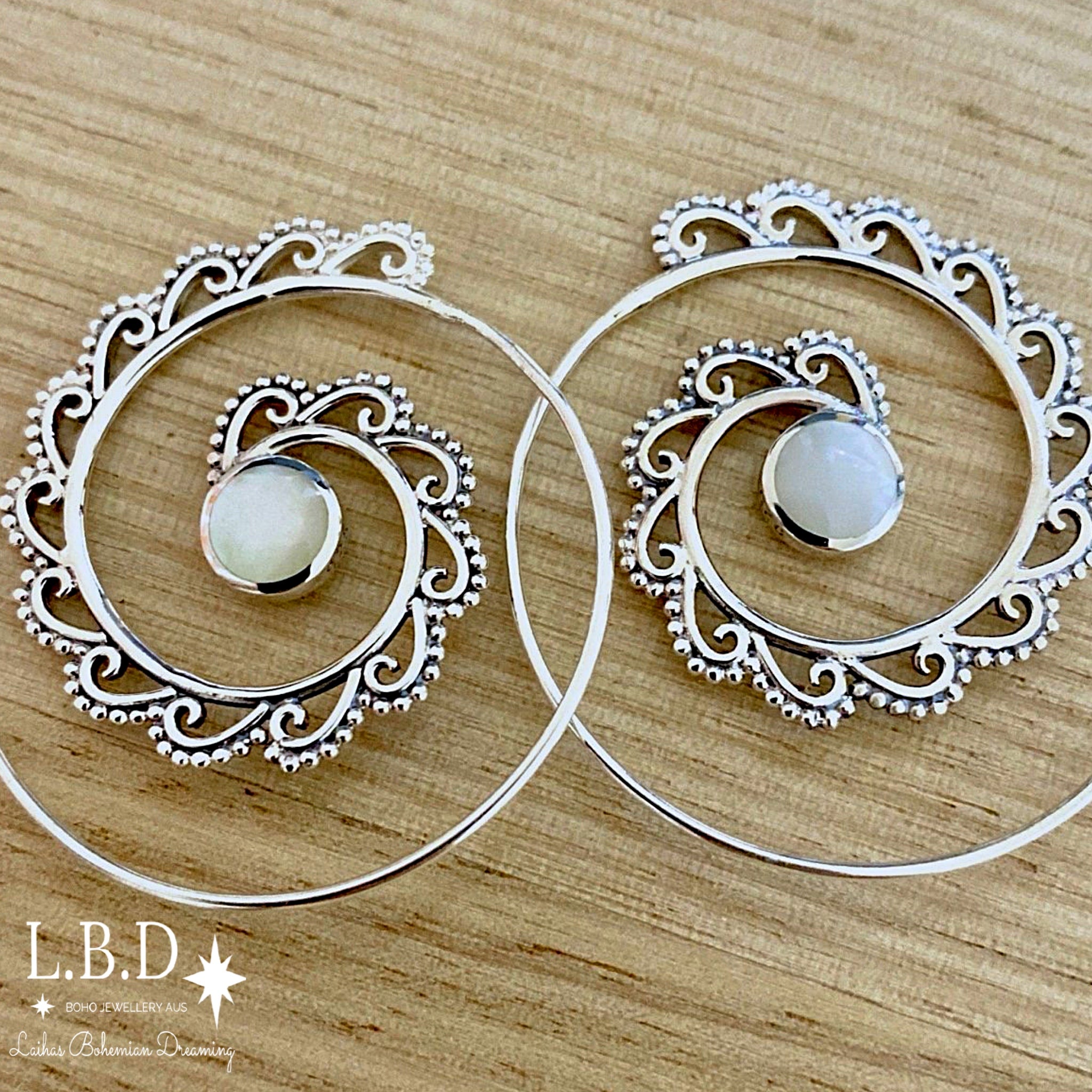 Laihas Spiral Hoop Sterling Silver Mother of Pearl Earrings for Women - Elegant Pearl Dangle Earrings for Party, Wedding & Everyday Wear