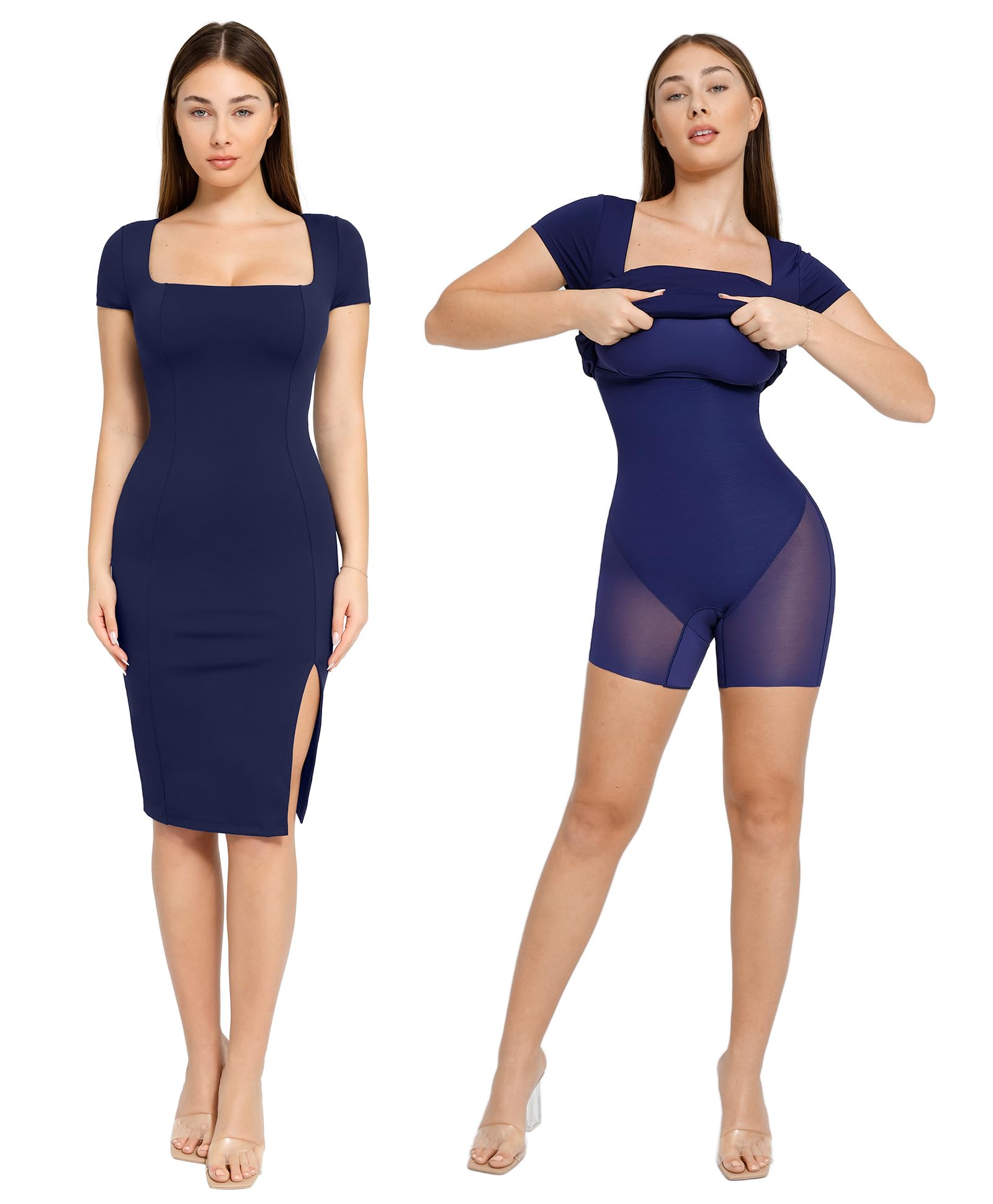 Popilush Women's Summer Cocktail Dress with Shapewear - Bodycon Midi Dress, Short Sleeve & Square Neck | Perfect for Parties, Date Nights & Special Occasions