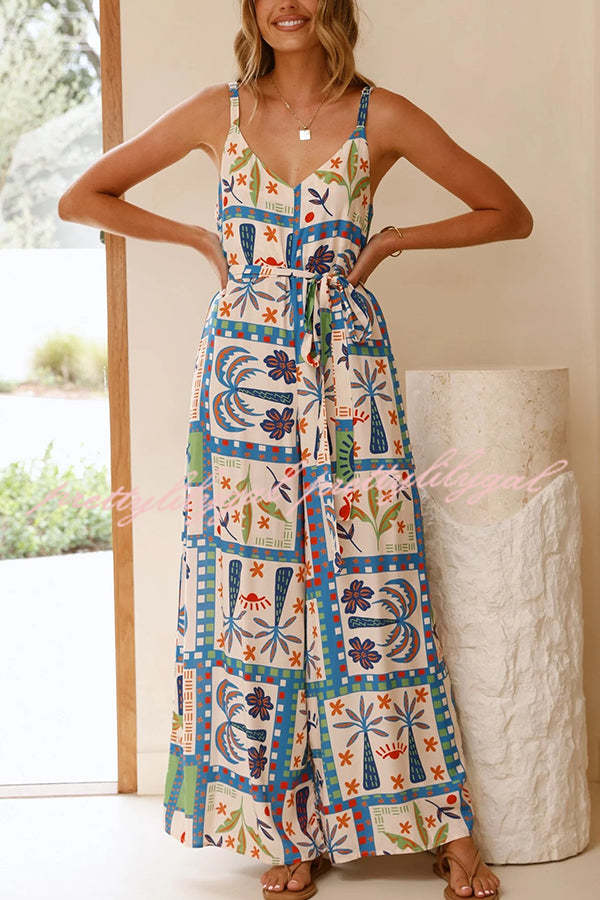 Stylish Beach Vacation Print V-Neck Suspenders Wide Leg Jumpsuit - Perfect for Summer Outings, Vacations & Casual Wear