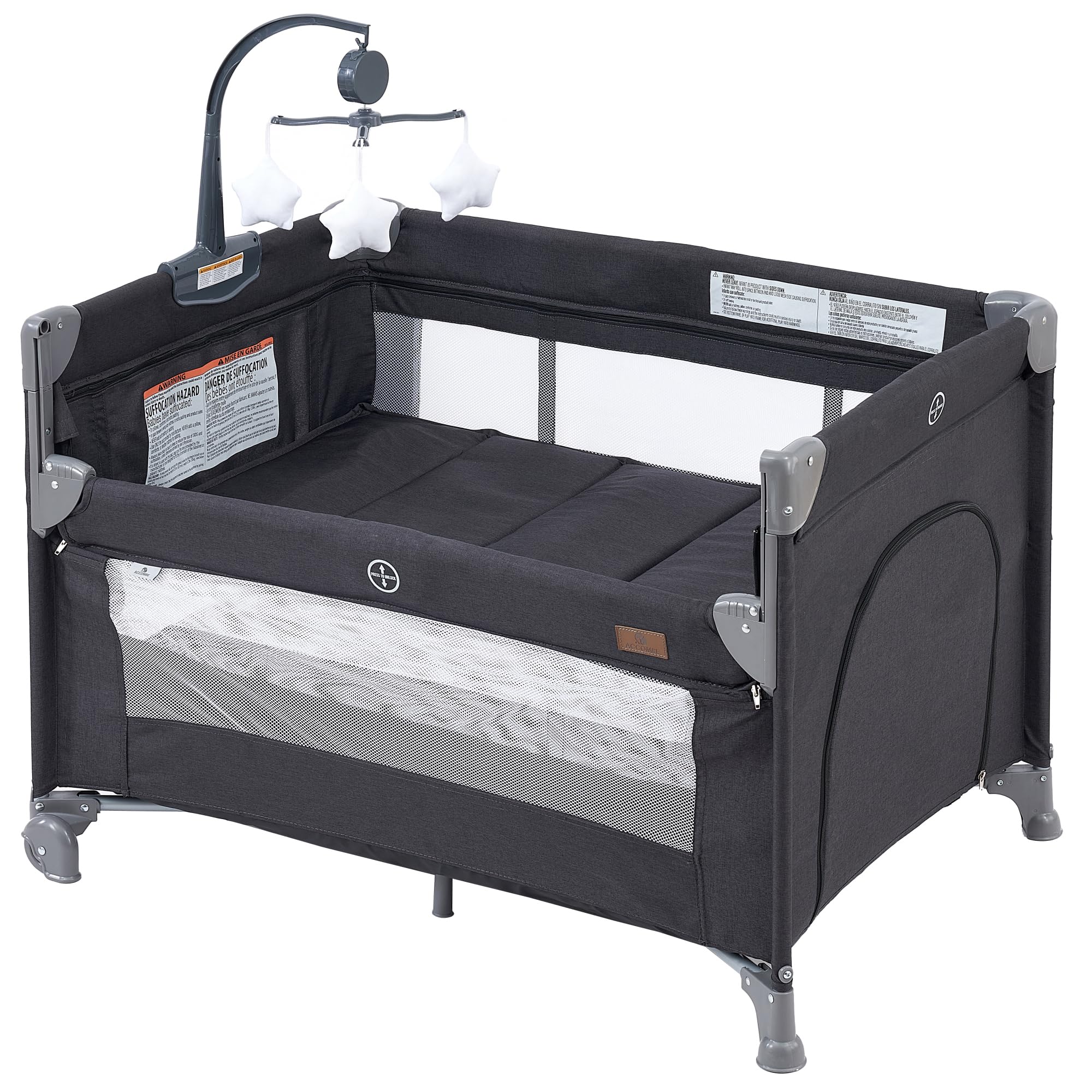 5 in 1 Baby Bedside Sleeper & Playard with Bassinet, Mattress & Storage - Portable Crib for Newborn to Toddler (Dark Grey/Light Gray) - Perfect for Nursery, Bedroom & Travel