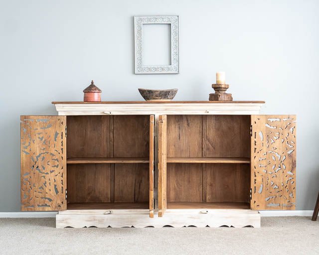 Hand Carved Floral Pattern White Buffet Table - Wood Carving Sideboard with Storage | Elegant Dining Room Furniture for Home Decor & Entertaining