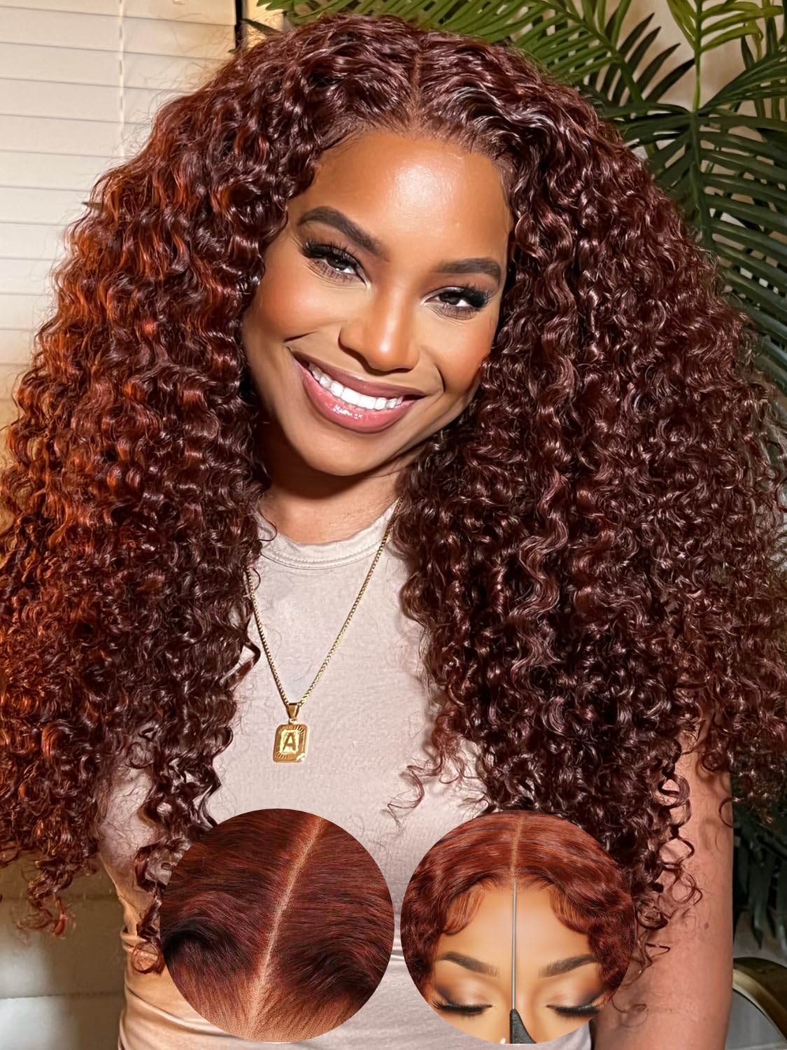 KLAIYI Bye Bye Knots Wig - Reddish Brown Curly 7x5 Invisible Knots Pre Cut HD Lace Front Human Hair Wig | Wear & Go Glueless Deep Curly Wave | Pre Plucked Bleached Knots 180% Density 16 Inch | Perfect for Daily Wear, Parties & Special Occasions