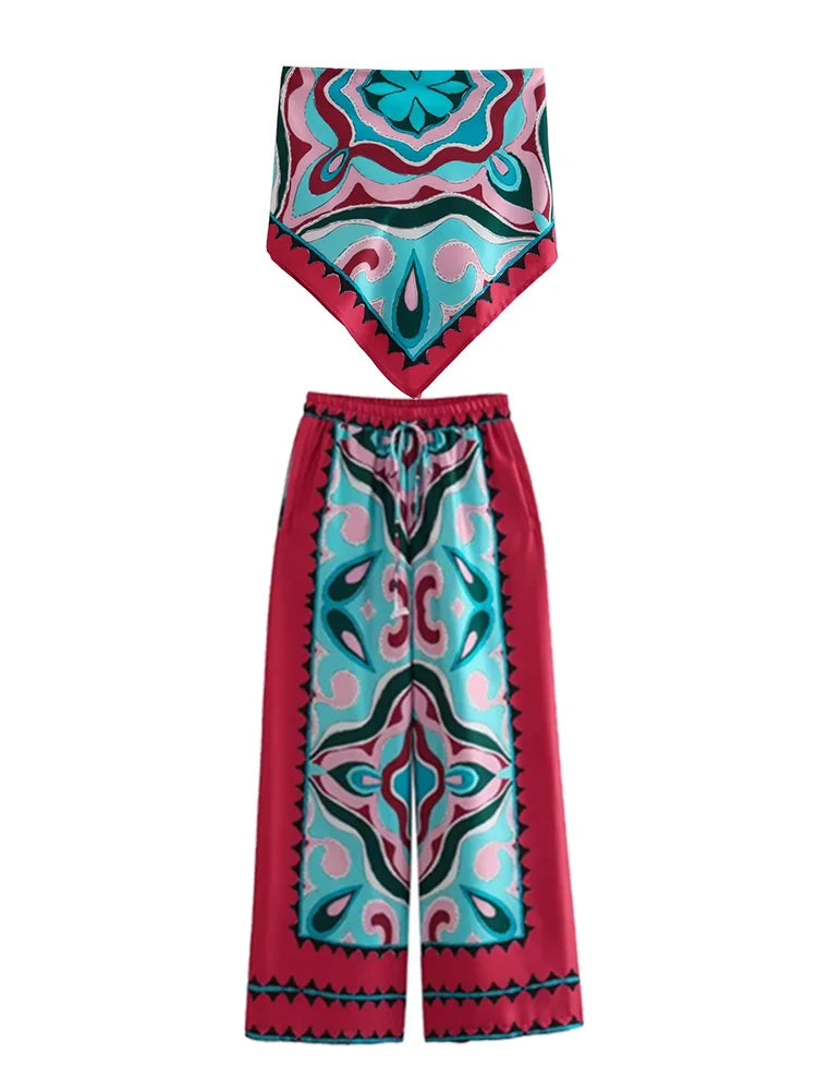 BlingBlingee Summer Printed Women's Wide Leg Pants & Satin Crop Top Set - Y2K Fashion Asymmetric Sleeveless Strapless Outfit for Beach, Party & Casual Wear