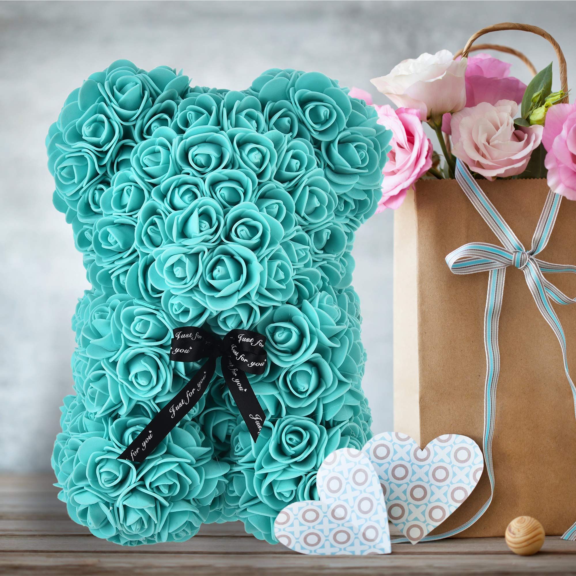 Eternal Rose Bear - Forever Rose Teddy Bear with Everlasting Flowers, Tiffany Blue Gift for Valentine's Day, Anniversary & Christmas | Romantic Home Decor & Window Display