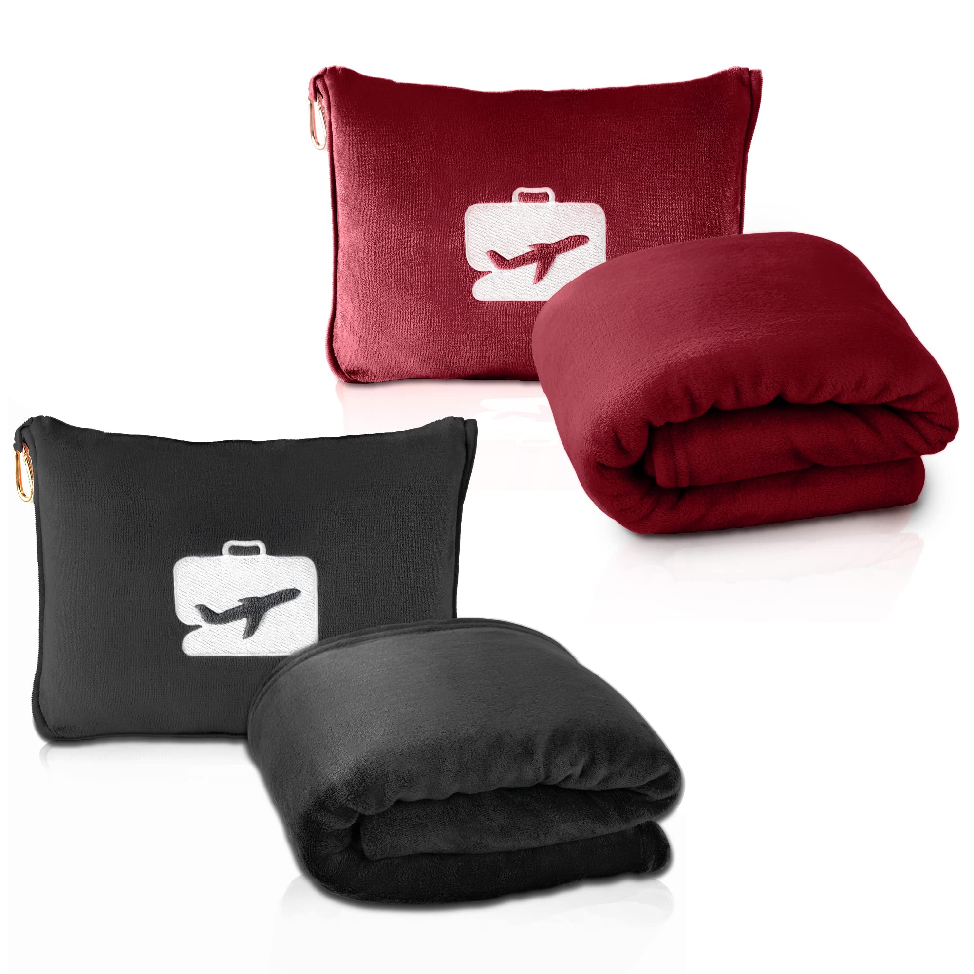 EverSnug Travel Blanket and Pillow Set - Ultra Soft Airplane Essentials with Storage Bag for Women & Kids (Burgundy/Black) - Perfect for Flights, Road Trips, and Camping Adventures