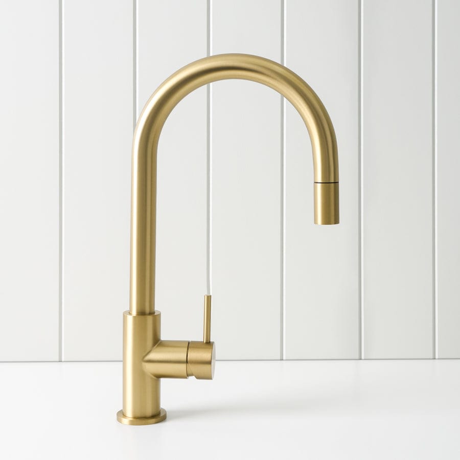 Sydney Pullout Kitchen Faucet with Sprayer - Brushed Brass Finish - Modern Design for Sink, Dishwashing & Cooking